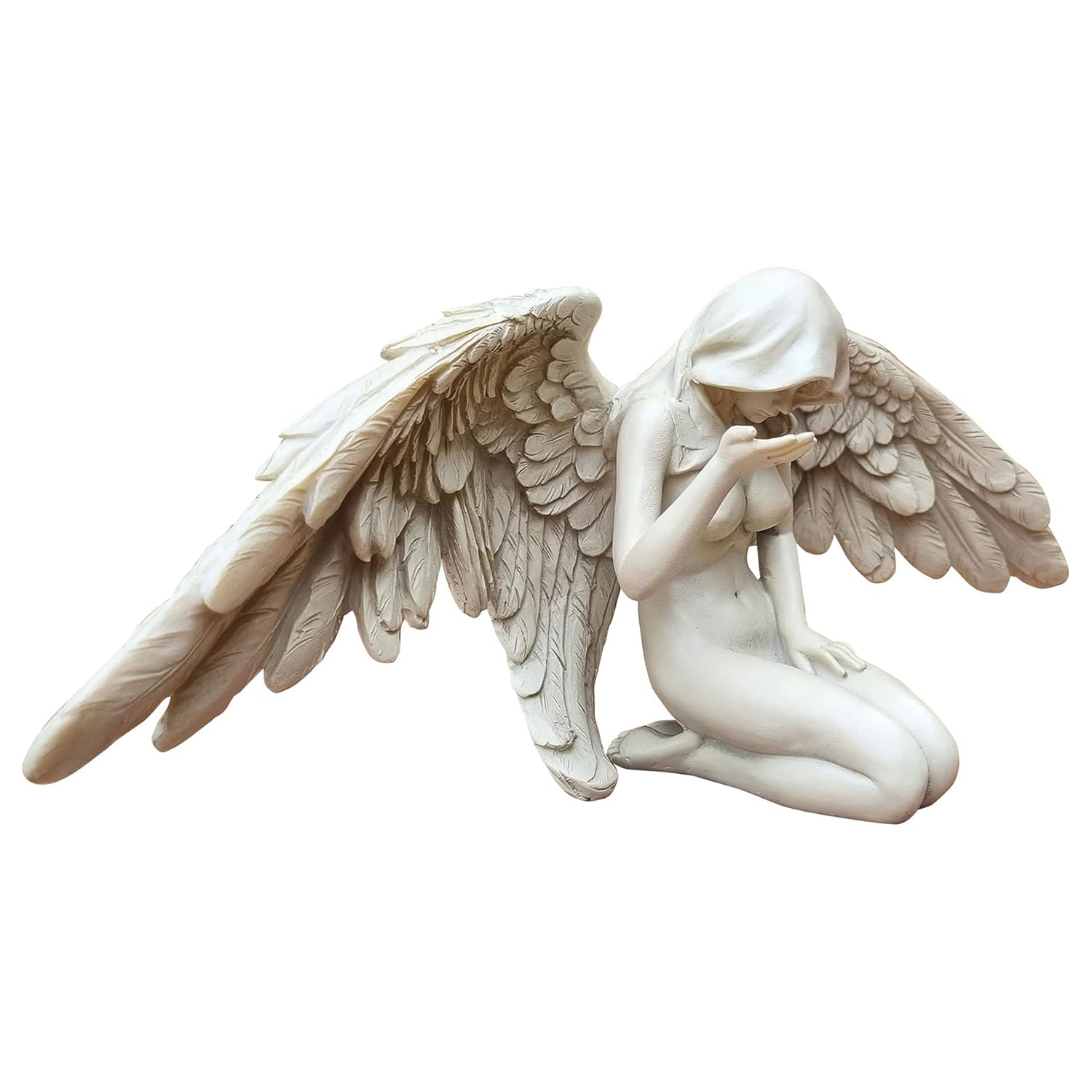 Engelfigur wetterfest kniend Creme ca. 36 cm Flügel Dekofigur