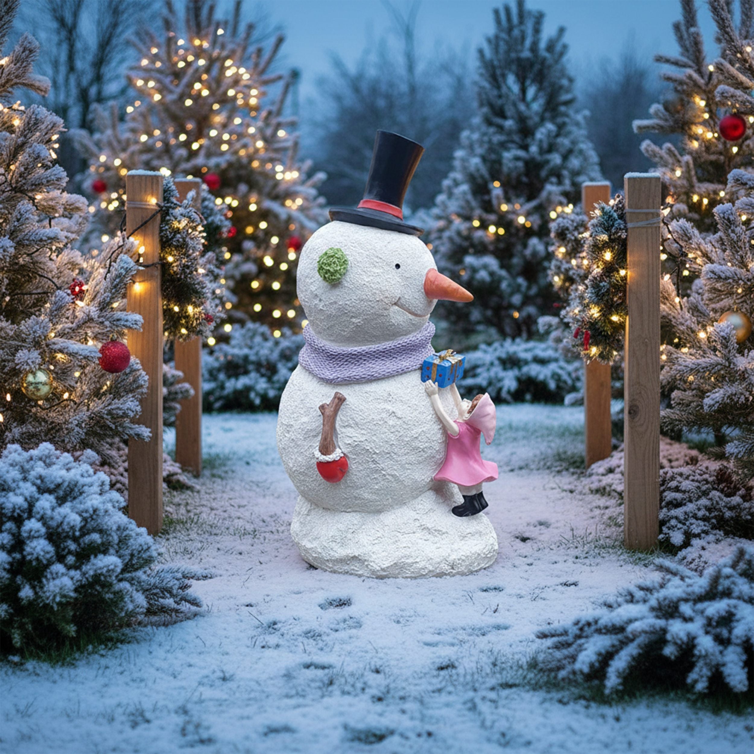 Große Schneemann Weihnachtsfigur mit Kind und Präsent – Detailreiche Winter-Dekoration für den Garten