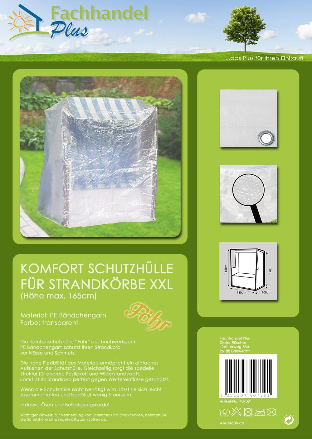 Strandkorbhülle Modell Föhr – Schutzhülle für Strandkorb bis 165 cm – wetterfeste Abdeckung & Abdeckhaube EuroLine