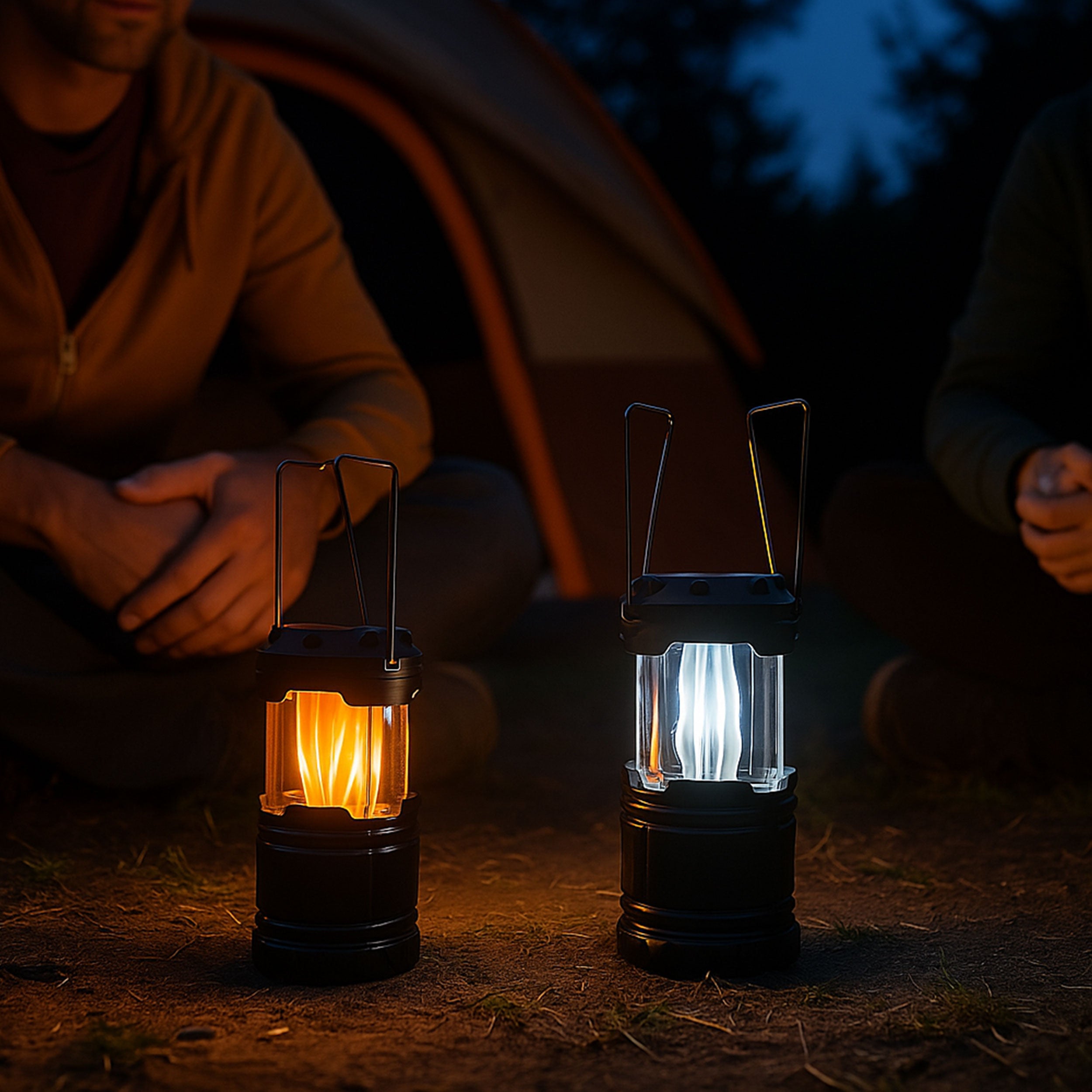 LED Camping Laterne 2 in 1 mit Flammeneffekt - Tragbare Outdoor Lampe, Kaltweißes Licht und Flackerlicht