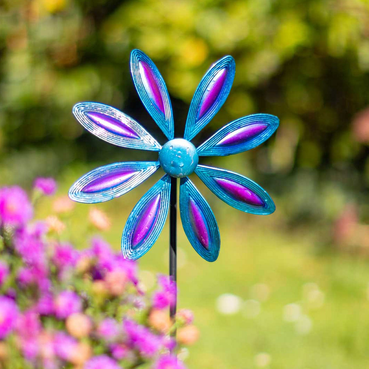 Kinetic Art Single Flower Purple-Blue Metall Windrad Windspiel Metall Garten Windrad stehend