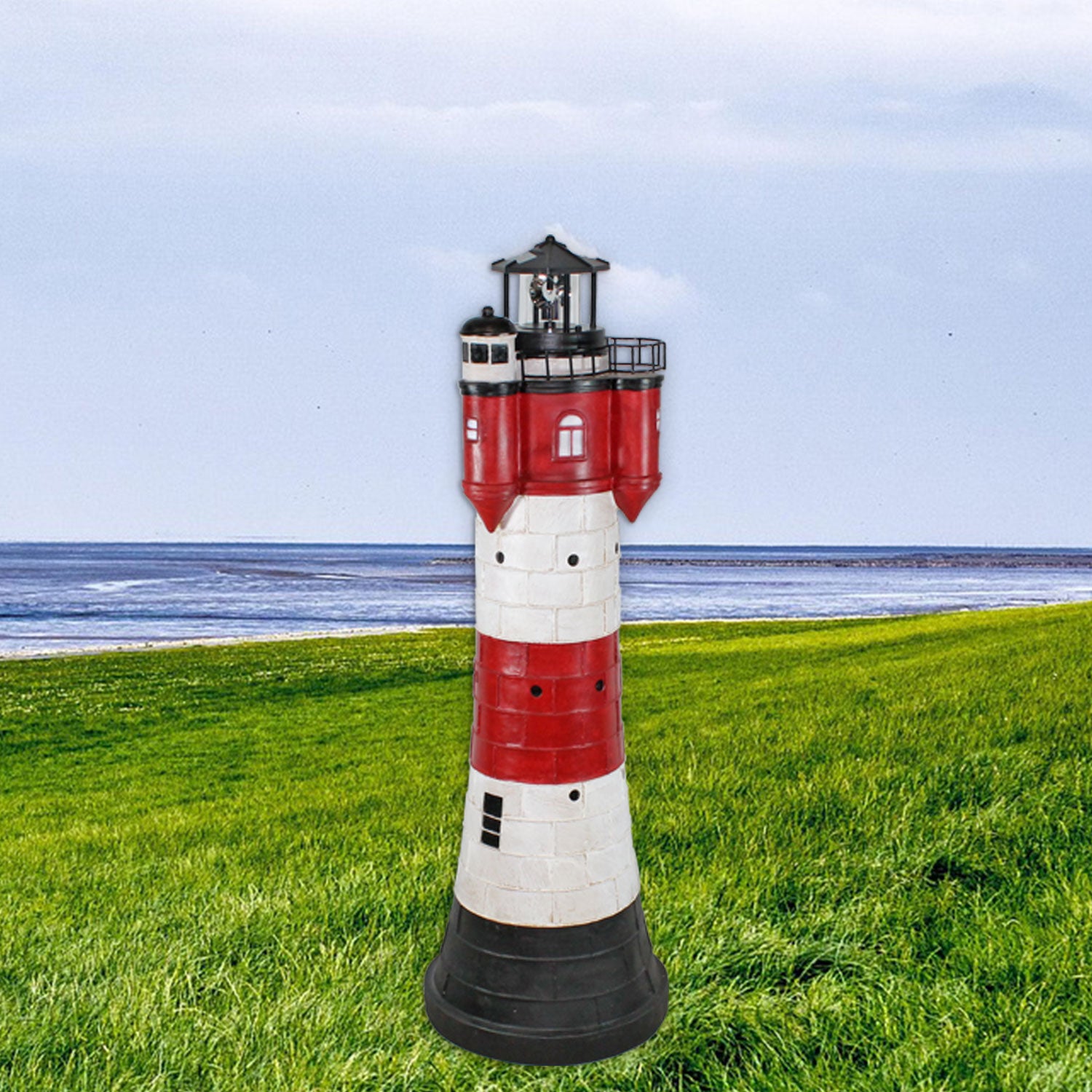 Solar-Leuchtturm „Roter Sand“ mit drehendem Leuchtfeuer, LED-Beleuchtung, 50 cm & 80 cm – Maritime Deko für Garten & Balkon