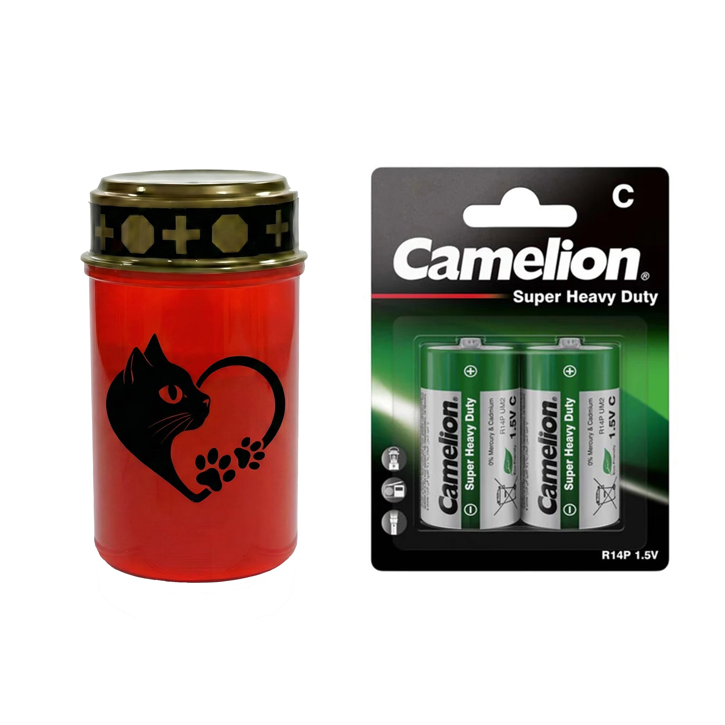 LED Grablicht Katze Grablicht LED Grabschmuck Katze in Rot oder Weiß mit verschiedenen Katzenmotiven und 2 Batterien für Tiergrab und Gedenkplatz