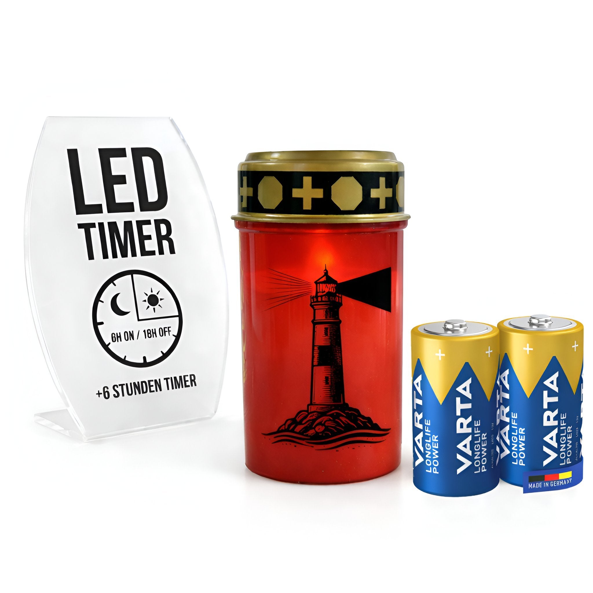 LED Grablicht mit Timer & Motivwahl - Grabkerze LED inklusive 2× Varta Longlife Batterie C für lange Laufzeit