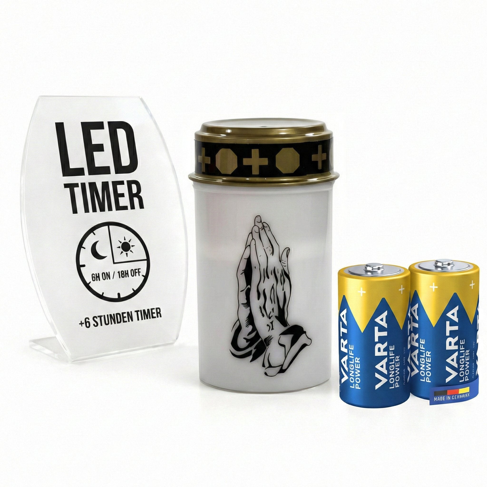 LED Grablicht mit Timer & Motivwahl - Grabkerze LED inklusive 2× Varta Longlife Batterie C für lange Laufzeit