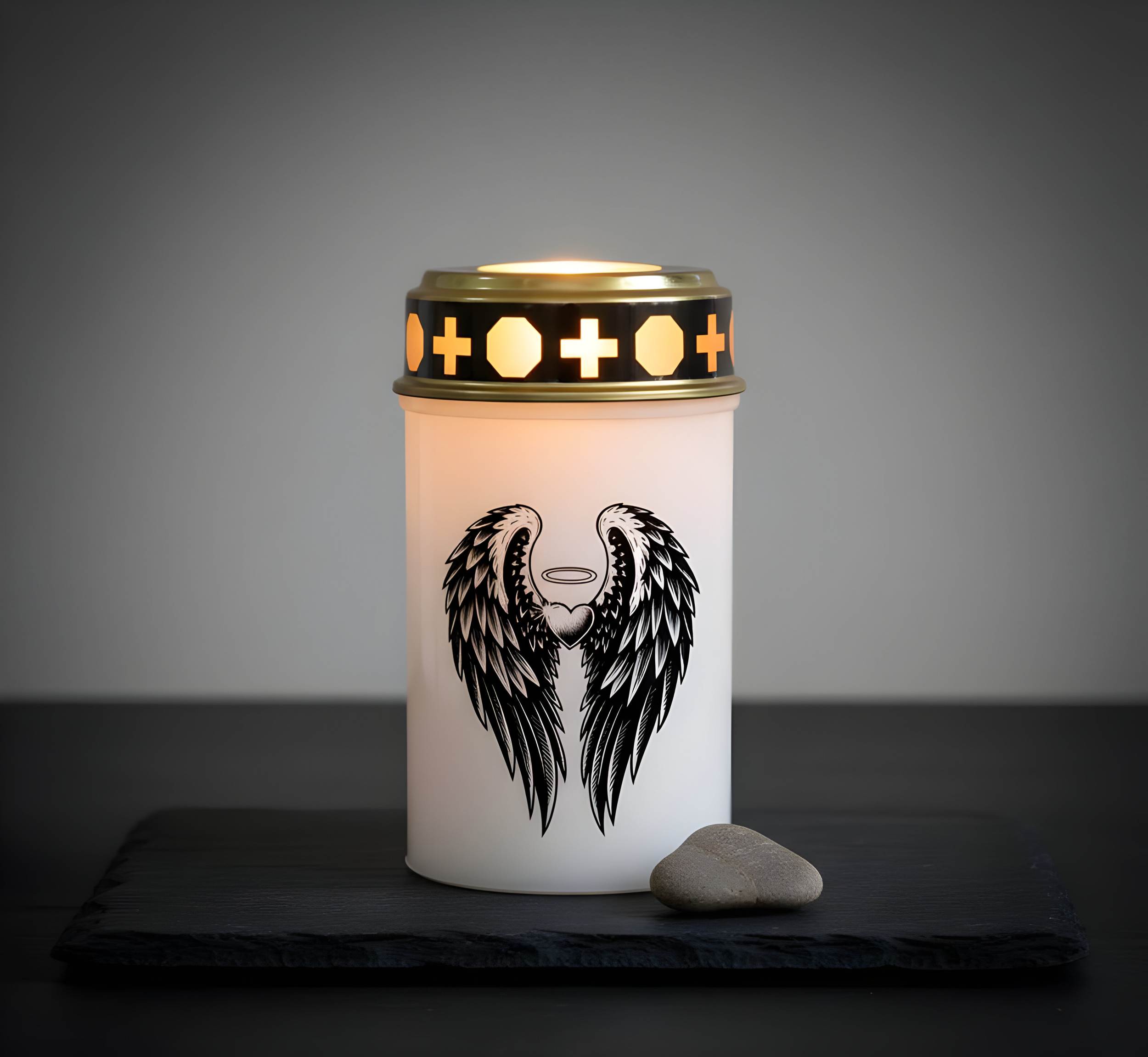 LED Grablicht mit 2× LR14 Batterien – Grabkerze LED, Grableuchte Ewiges Licht in Rot oder Weiß, verschiedene Motive zur Auswahl