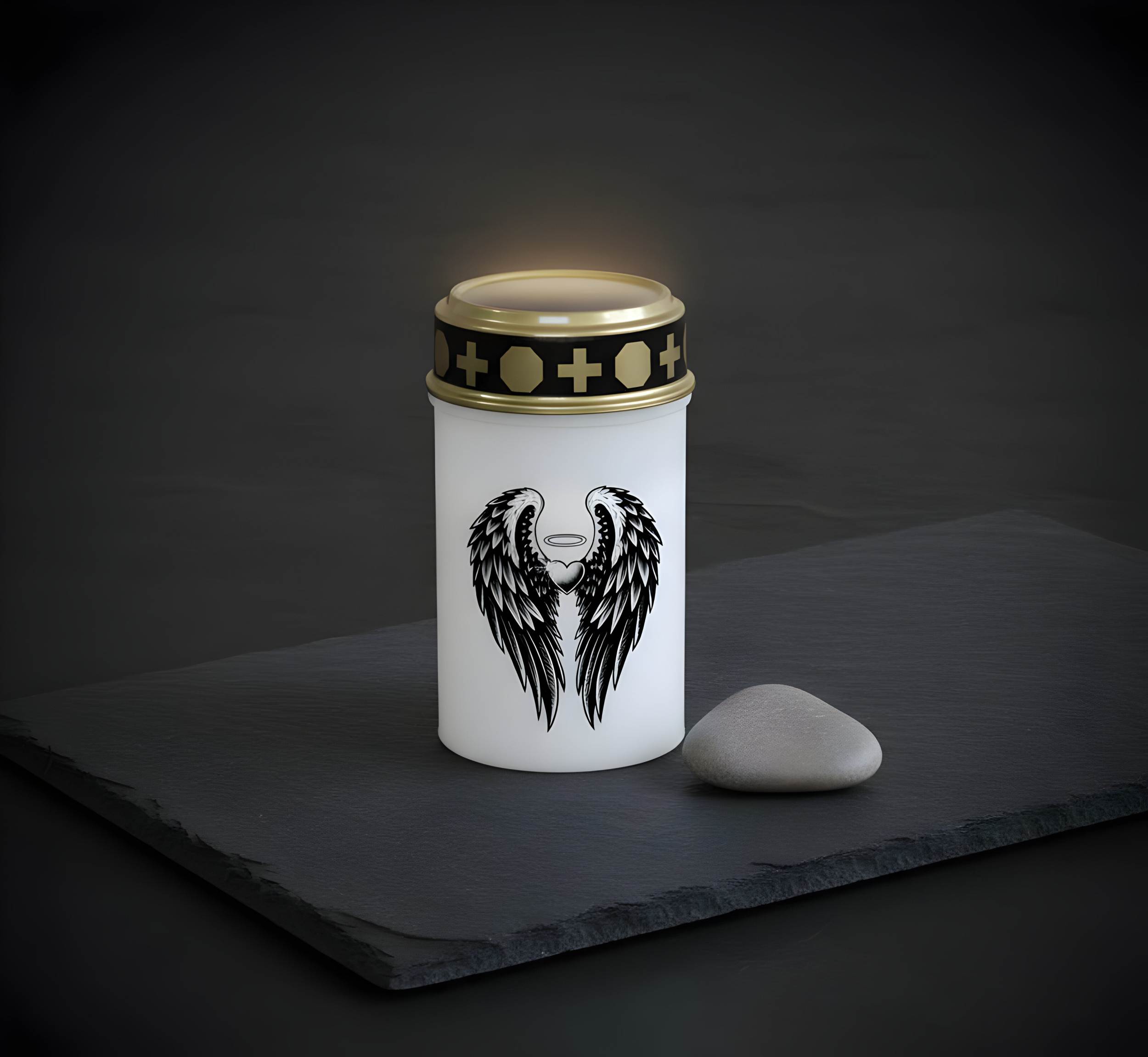 LED Grablicht mit 2× LR14 Batterien – Grabkerze LED, Grableuchte Ewiges Licht in Rot oder Weiß, verschiedene Motive zur Auswahl