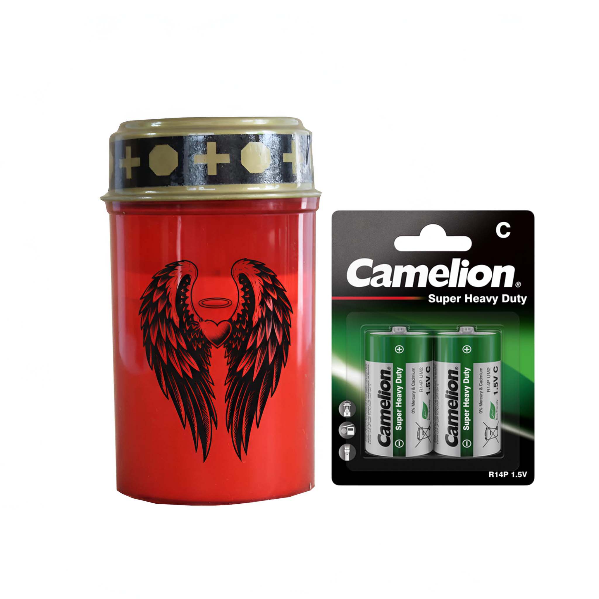 LED Grablicht mit 2× LR14 Batterien – Grabkerze LED, Grableuchte Ewiges Licht in Rot oder Weiß, verschiedene Motive zur Auswahl