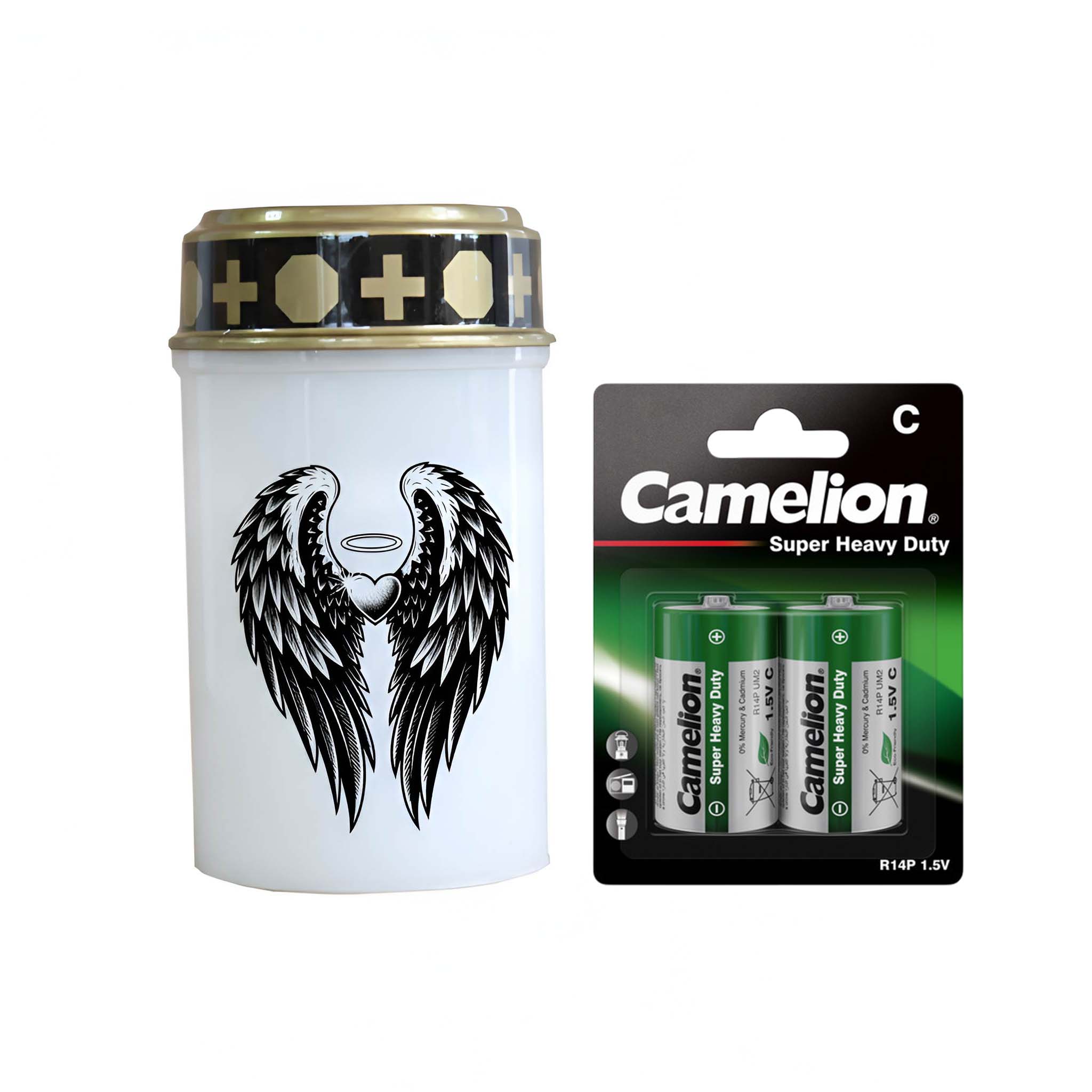 LED Grablicht mit 2× LR14 Batterien – Grabkerze LED, Grableuchte Ewiges Licht in Rot oder Weiß, verschiedene Motive zur Auswahl