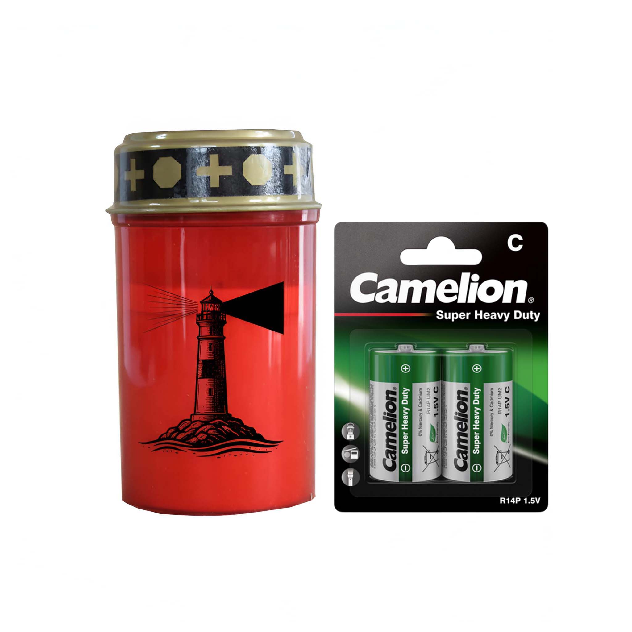 LED Grablicht mit 2× LR14 Batterien – Grabkerze LED, Grableuchte Ewiges Licht in Rot oder Weiß, verschiedene Motive zur Auswahl