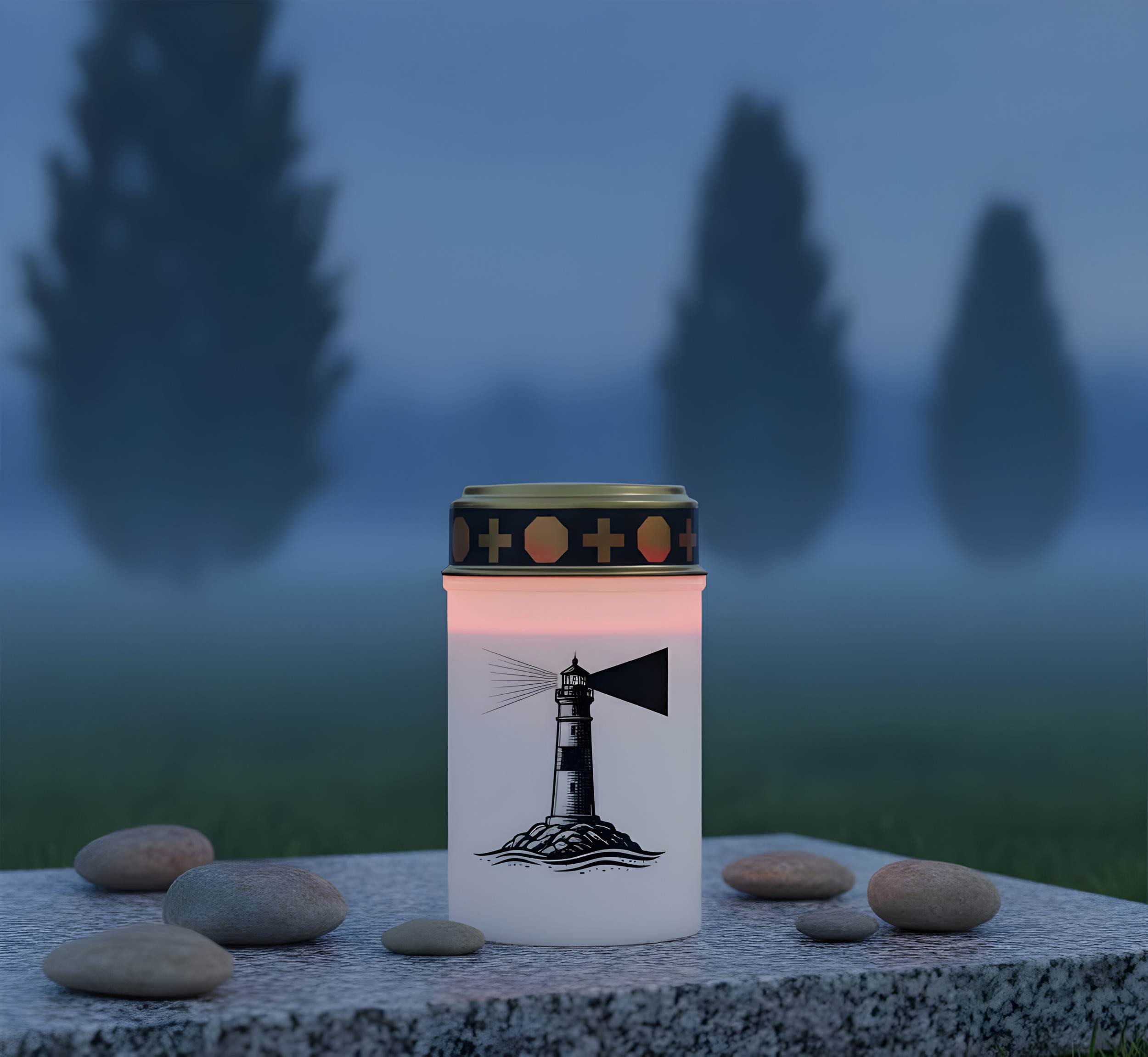 LED Grablicht mit 2× LR14 Batterien – Grabkerze LED, Grableuchte Ewiges Licht in Rot oder Weiß, verschiedene Motive zur Auswahl