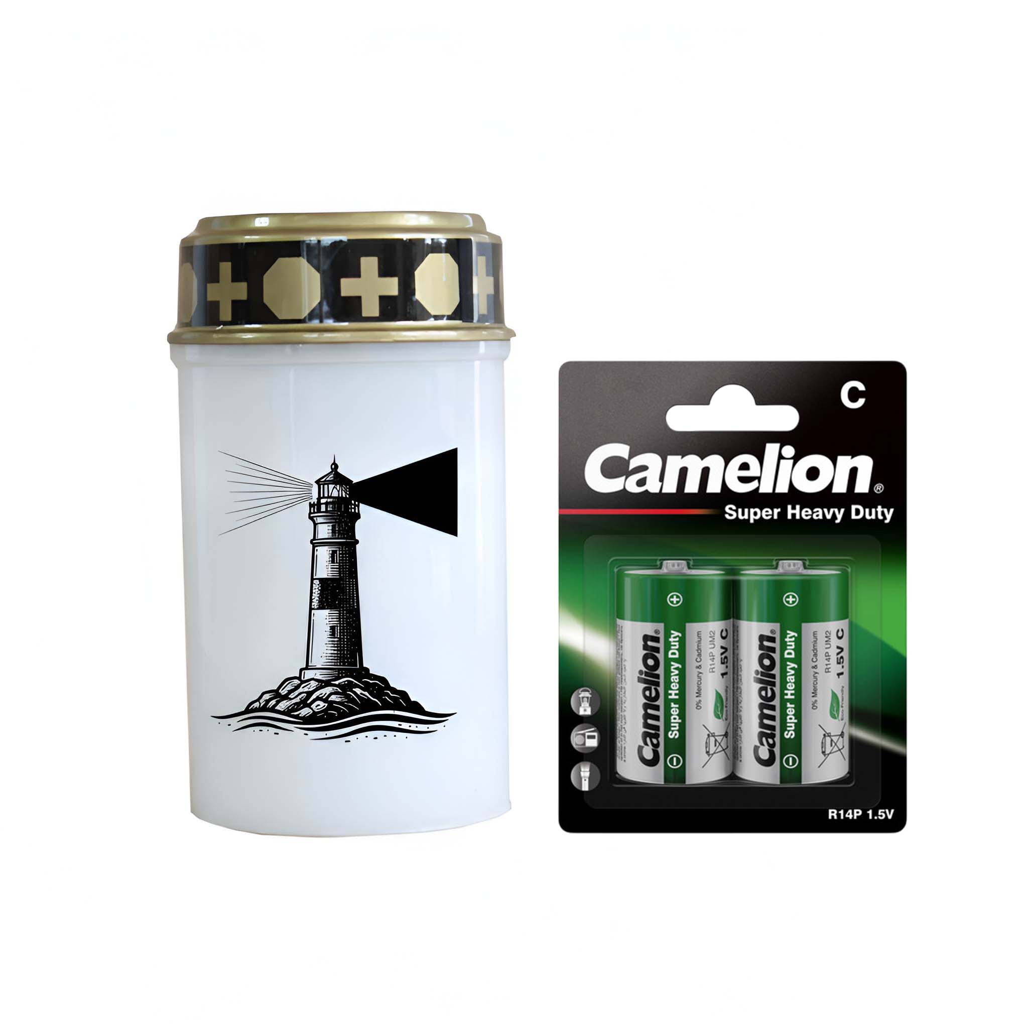 LED Grablicht mit 2× LR14 Batterien – Grabkerze LED, Grableuchte Ewiges Licht in Rot oder Weiß, verschiedene Motive zur Auswahl