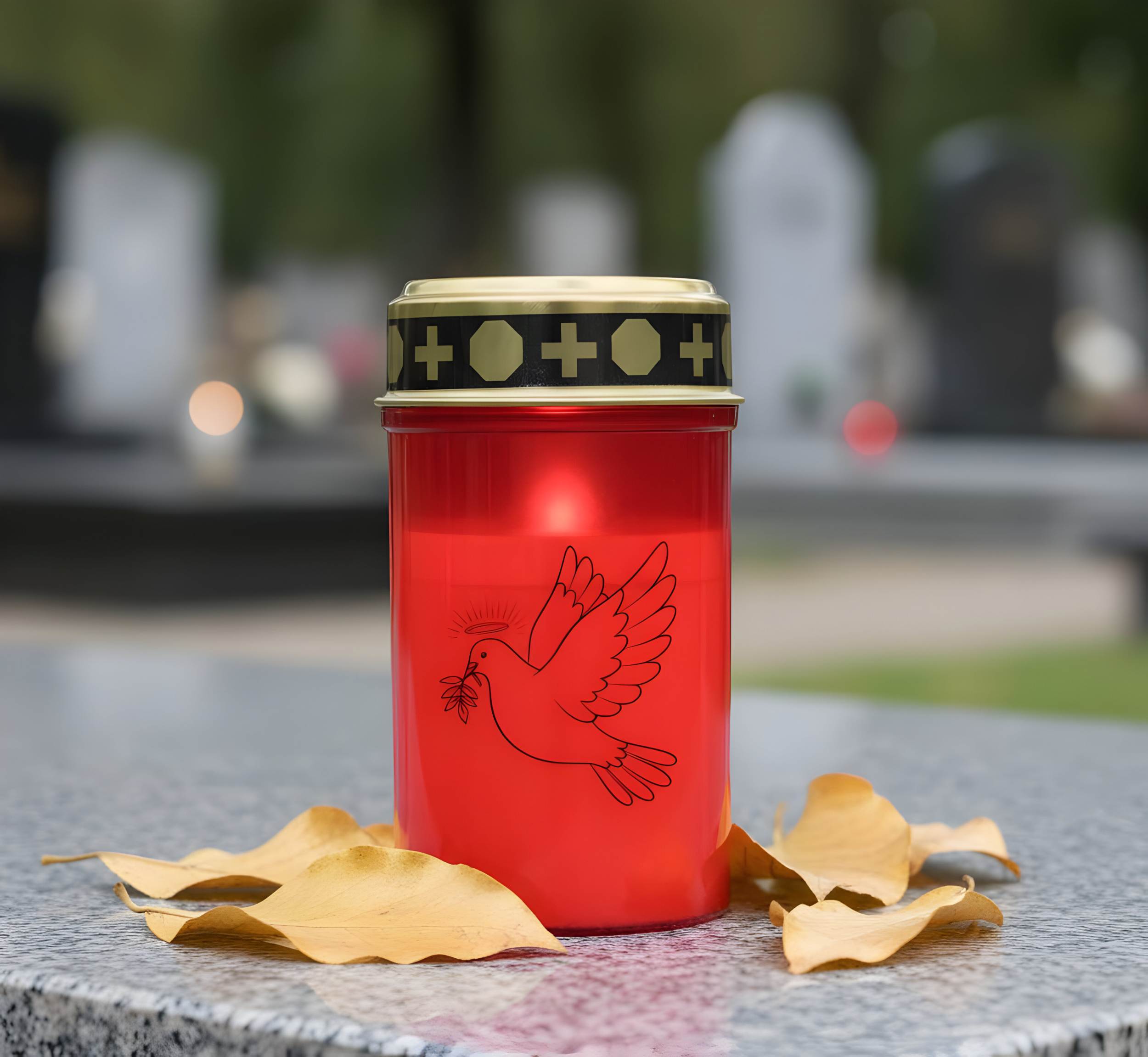 LED Grablicht mit 2× LR14 Batterien – Grabkerze LED, Grableuchte Ewiges Licht in Rot oder Weiß, verschiedene Motive zur Auswahl