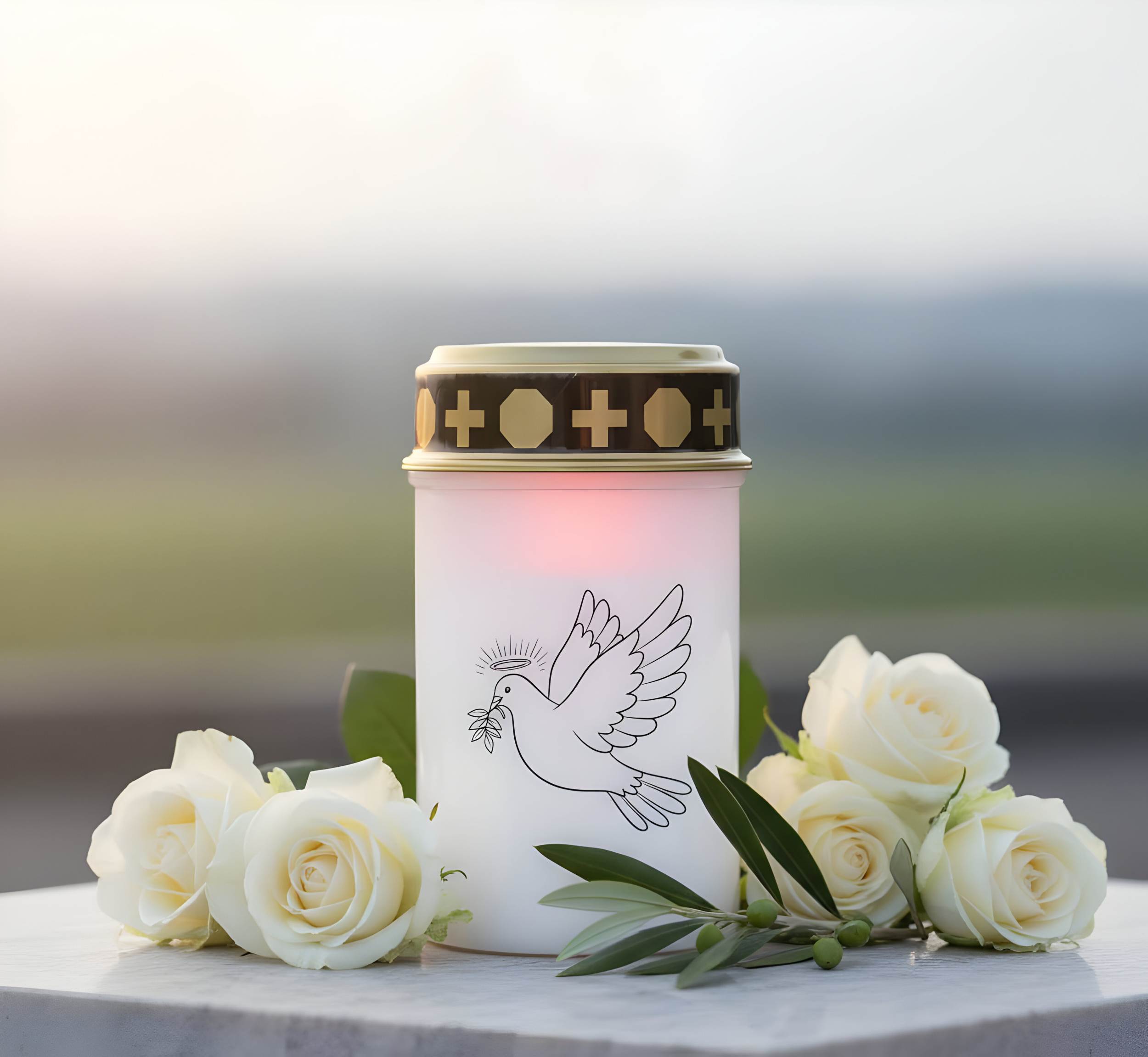 LED Grablicht mit 2× LR14 Batterien – Grabkerze LED, Grableuchte Ewiges Licht in Rot oder Weiß, verschiedene Motive zur Auswahl