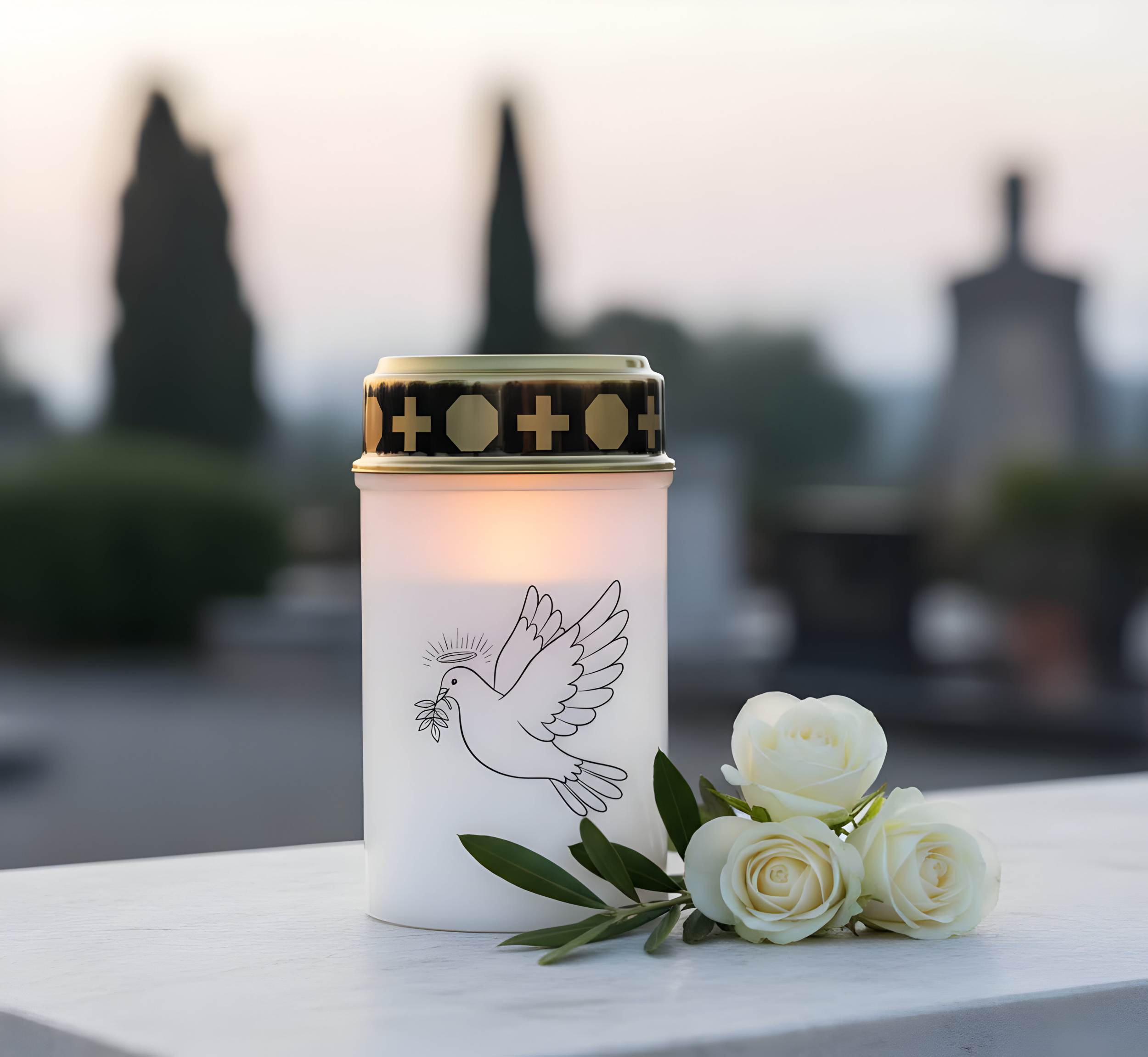 LED Grablicht mit 2× LR14 Batterien – Grabkerze LED, Grableuchte Ewiges Licht in Rot oder Weiß, verschiedene Motive zur Auswahl