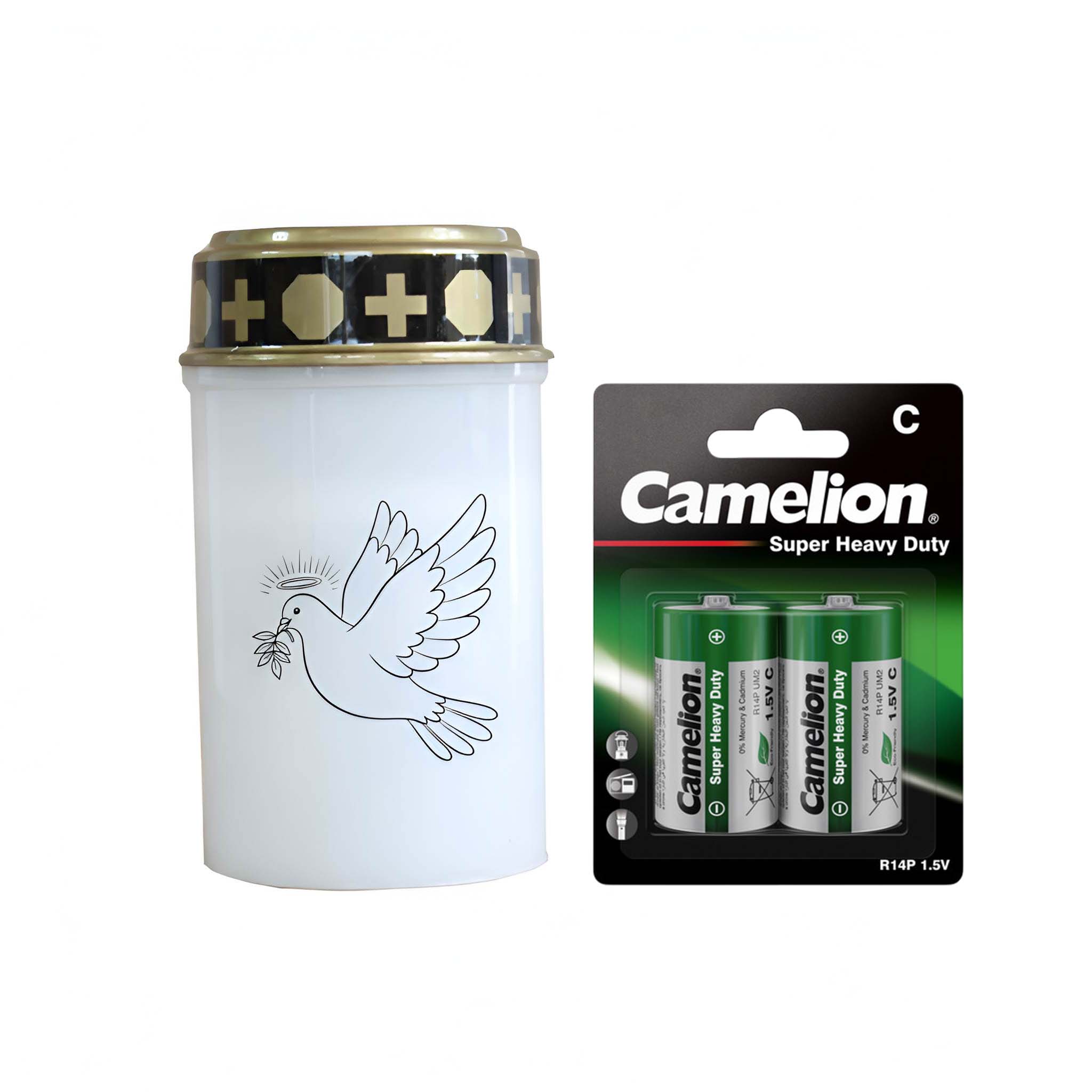 LED Grablicht mit 2× LR14 Batterien – Grabkerze LED, Grableuchte Ewiges Licht in Rot oder Weiß, verschiedene Motive zur Auswahl