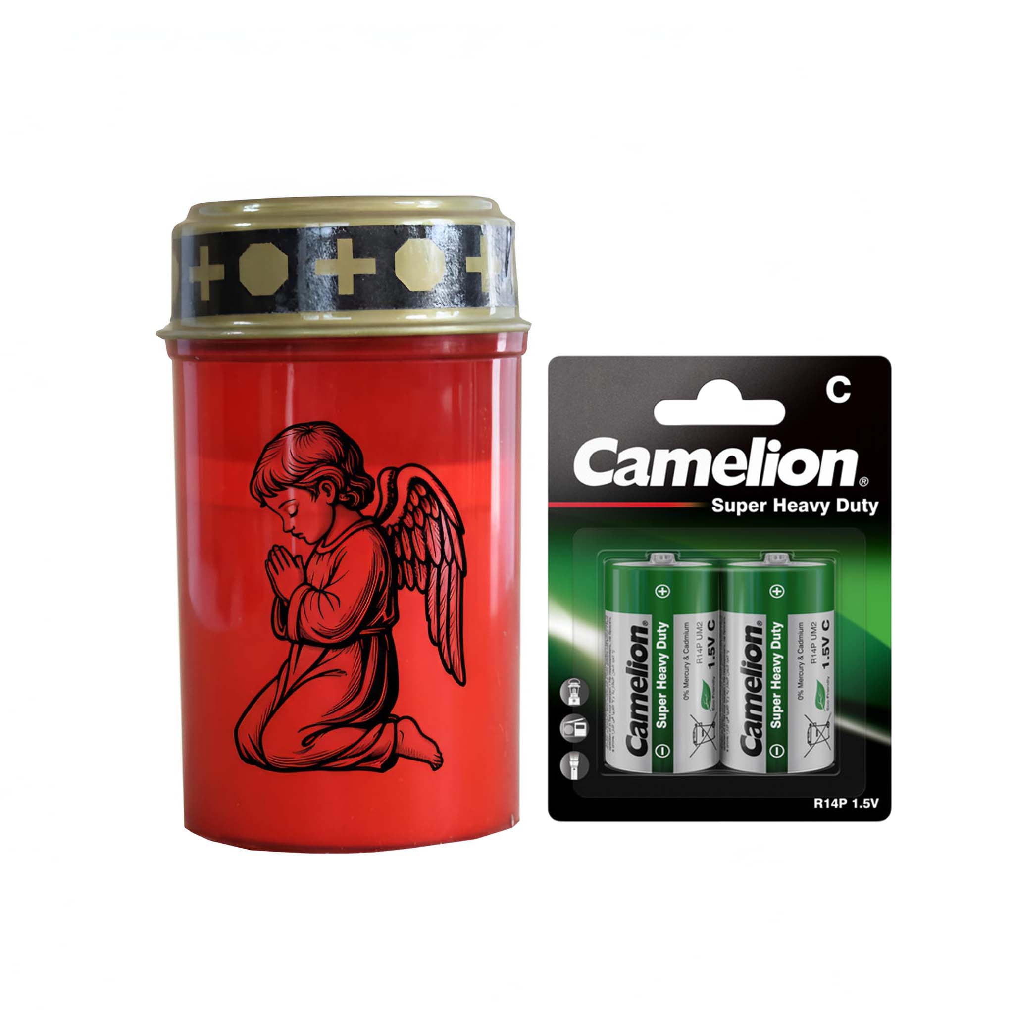 LED Grablicht mit 2× LR14 Batterien – Grabkerze LED, Grableuchte Ewiges Licht in Rot oder Weiß, verschiedene Motive zur Auswahl