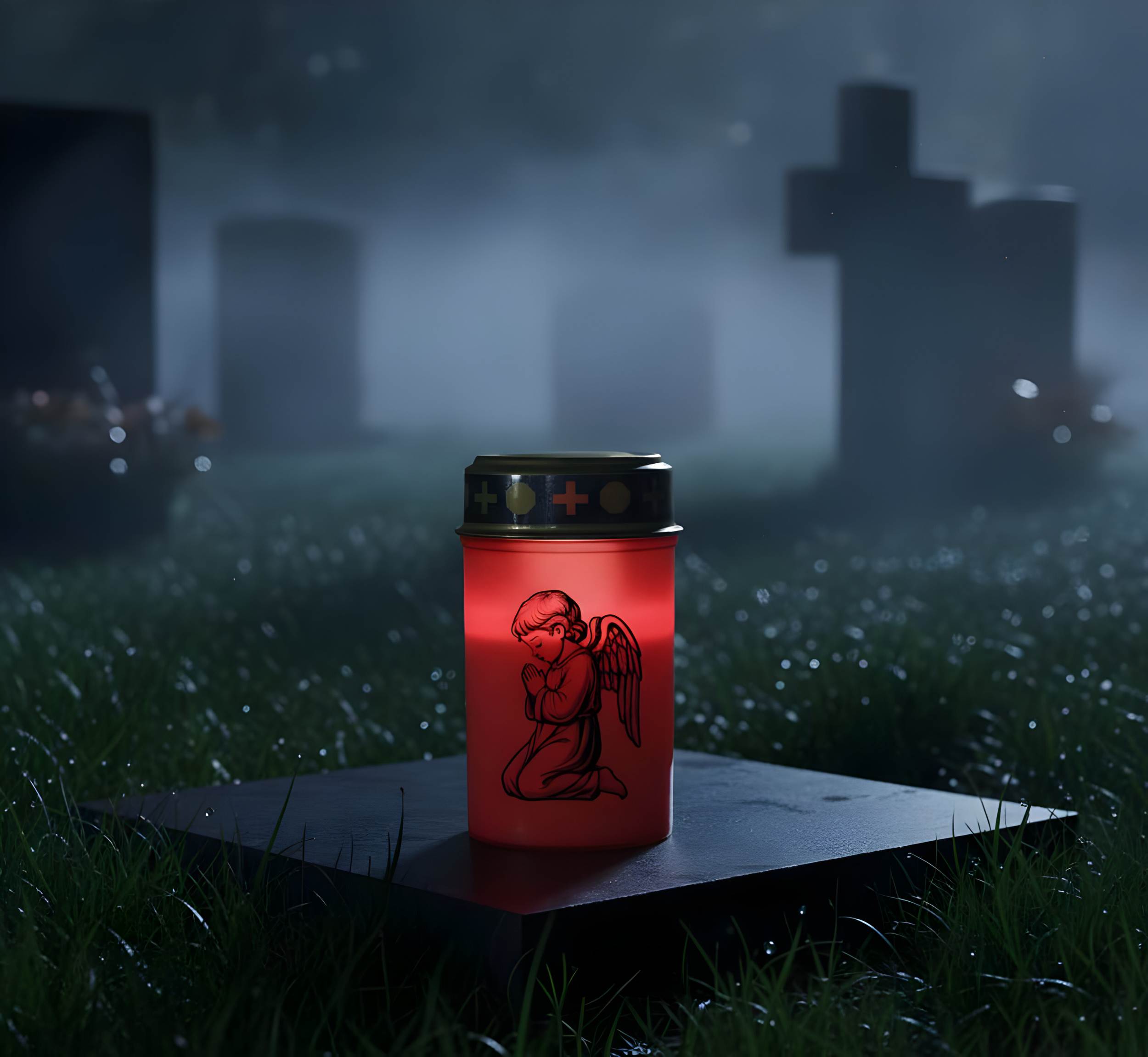 LED Grablicht mit 2× LR14 Batterien – Grabkerze LED, Grableuchte Ewiges Licht in Rot oder Weiß, verschiedene Motive zur Auswahl