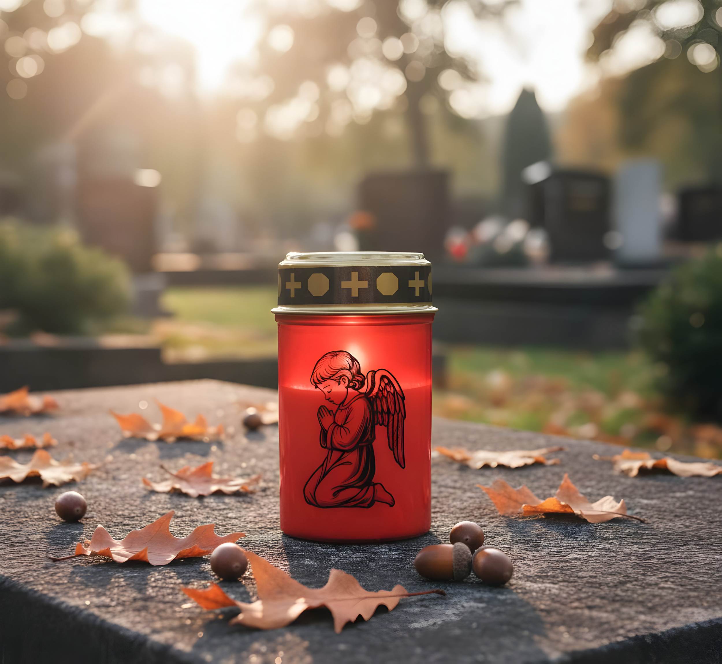 LED Grablicht mit 2× LR14 Batterien – Grabkerze LED, Grableuchte Ewiges Licht in Rot oder Weiß, verschiedene Motive zur Auswahl