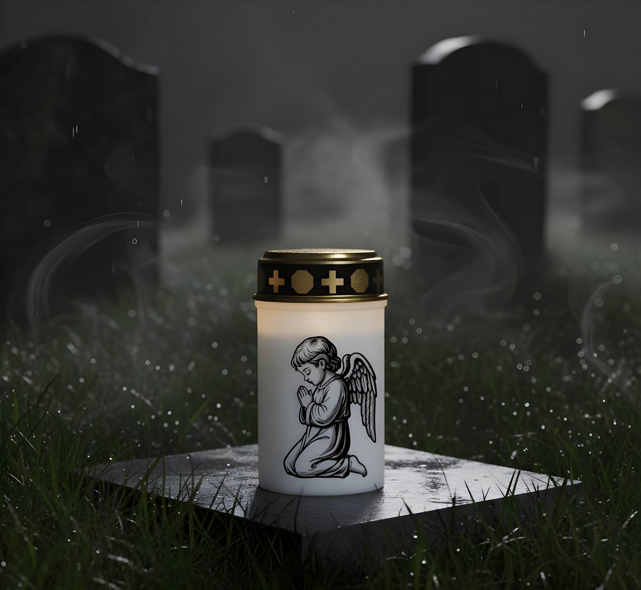 LED Grablicht mit 2× LR14 Batterien – Grabkerze LED, Grableuchte Ewiges Licht in Rot oder Weiß, verschiedene Motive zur Auswahl