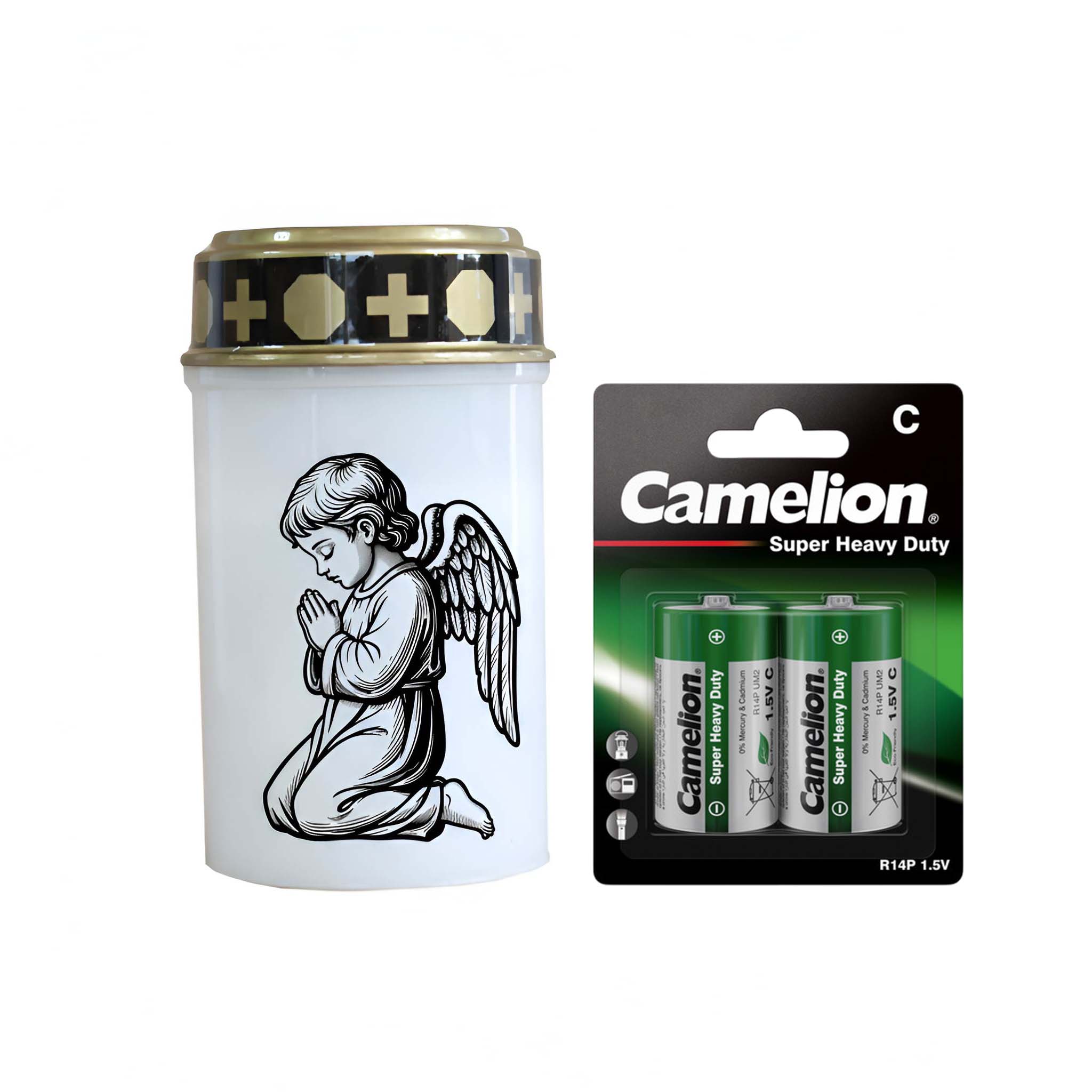 LED Grablicht mit 2× LR14 Batterien – Grabkerze LED, Grableuchte Ewiges Licht in Rot oder Weiß, verschiedene Motive zur Auswahl