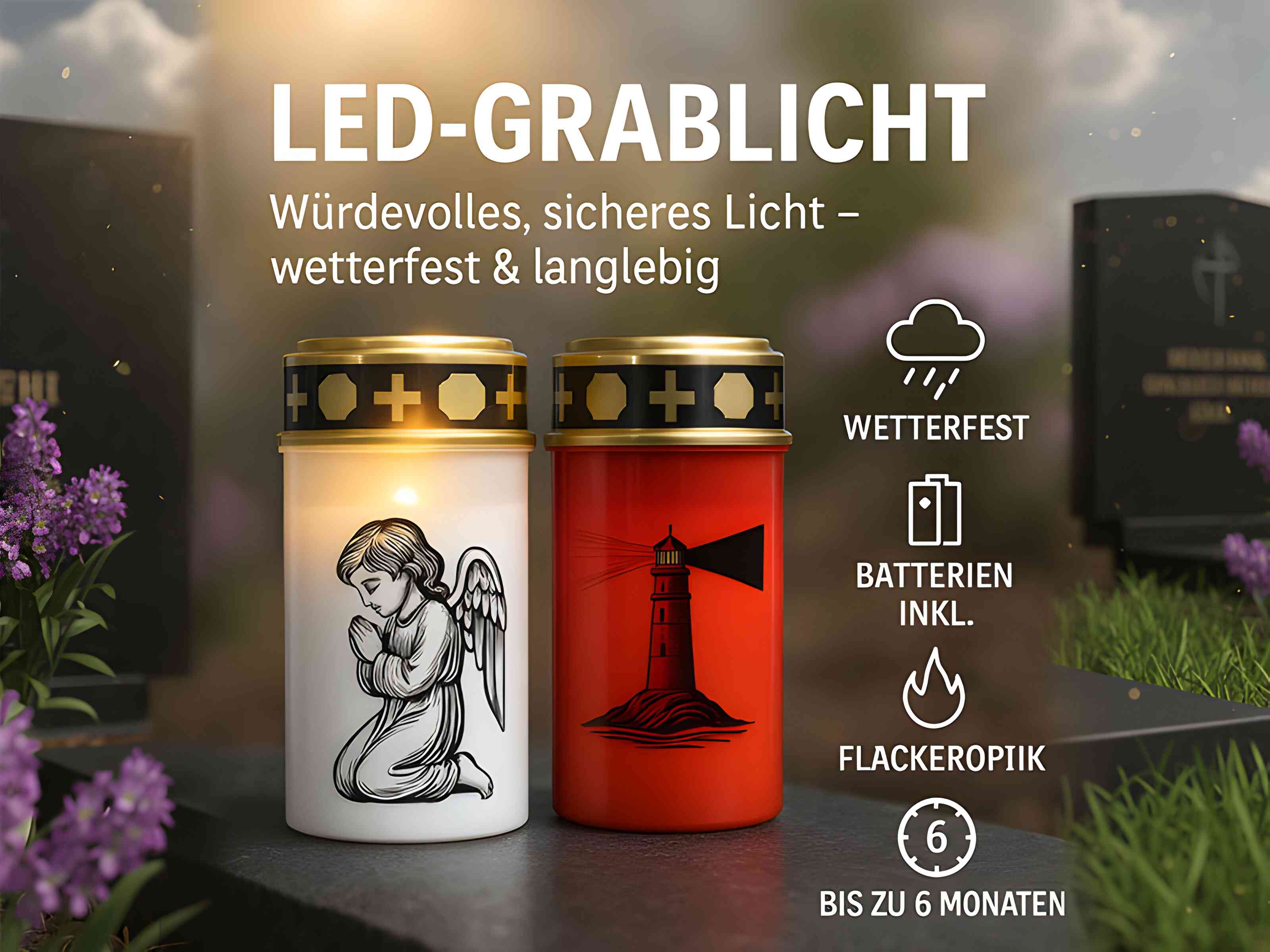 LED Grablicht mit 2× LR14 Batterien – Grabkerze LED, Grableuchte Ewiges Licht in Rot oder Weiß, verschiedene Motive zur Auswahl