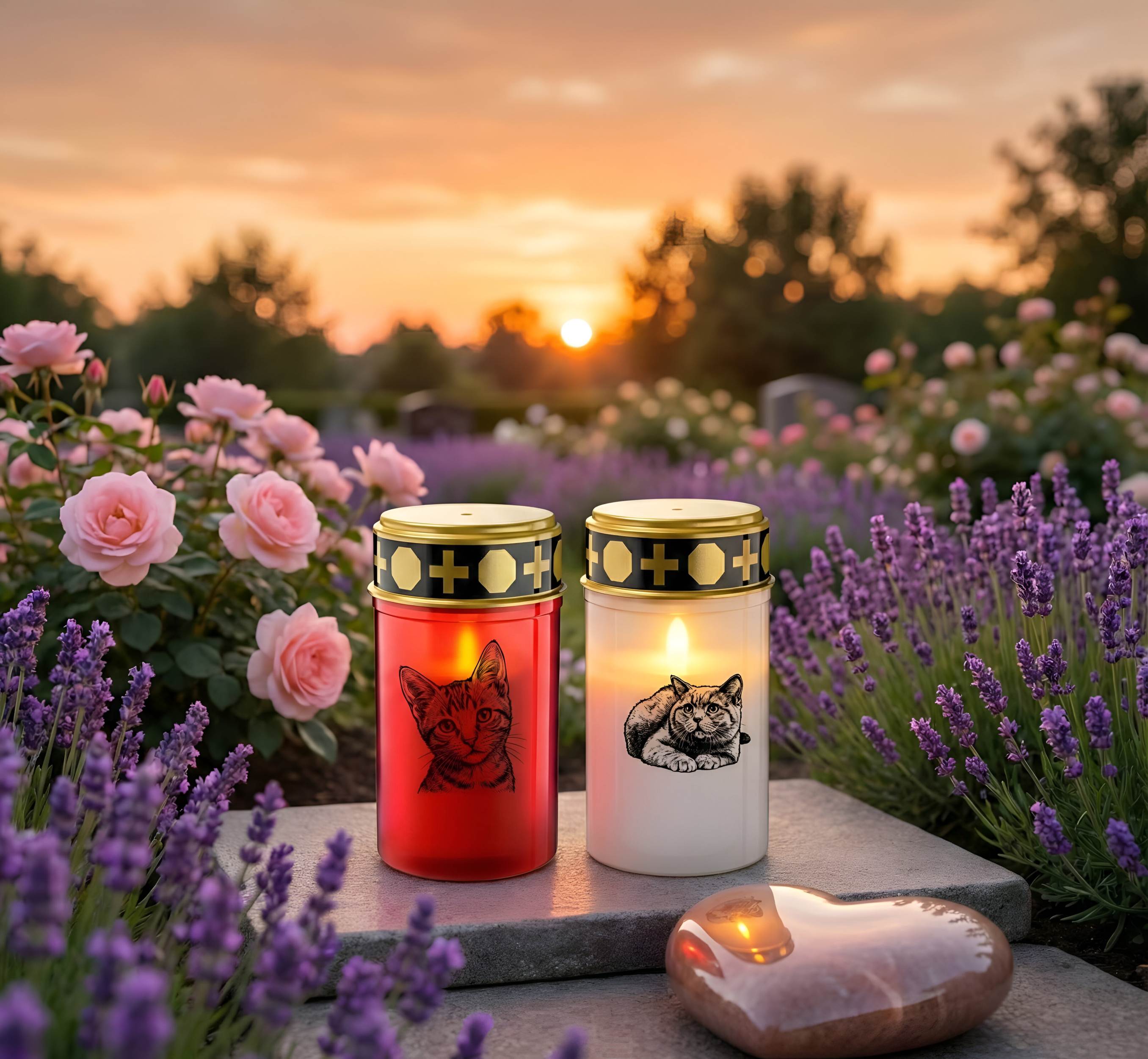 LED Grablicht Katze Grablicht LED Grabschmuck Katze in Rot oder Weiß mit verschiedenen Katzenmotiven und 2 Batterien für Tiergrab und Gedenkplatz