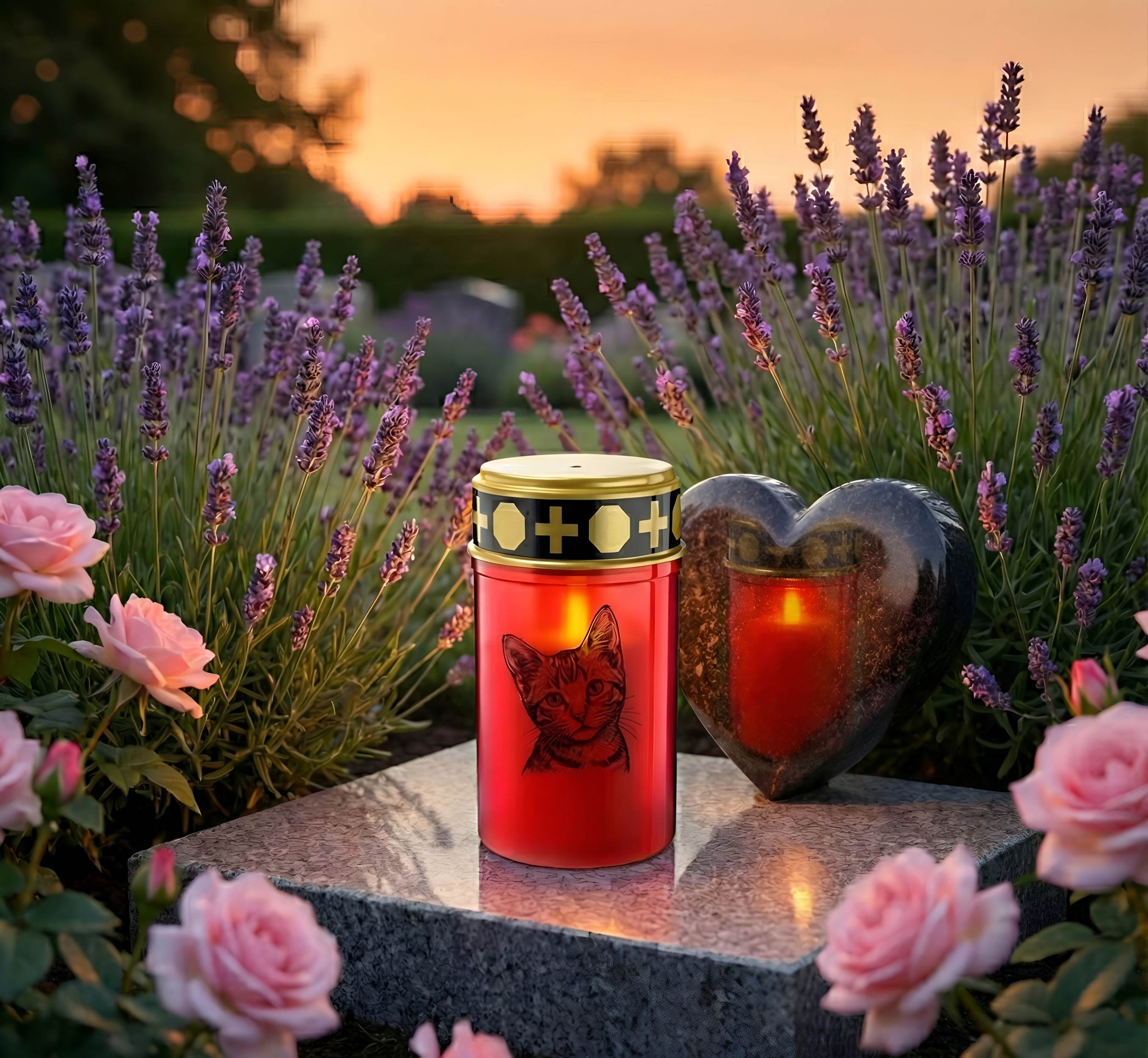 LED Grablicht Katze Grablicht LED Grabschmuck Katze in Rot oder Weiß mit verschiedenen Katzenmotiven und 2 Batterien für Tiergrab und Gedenkplatz