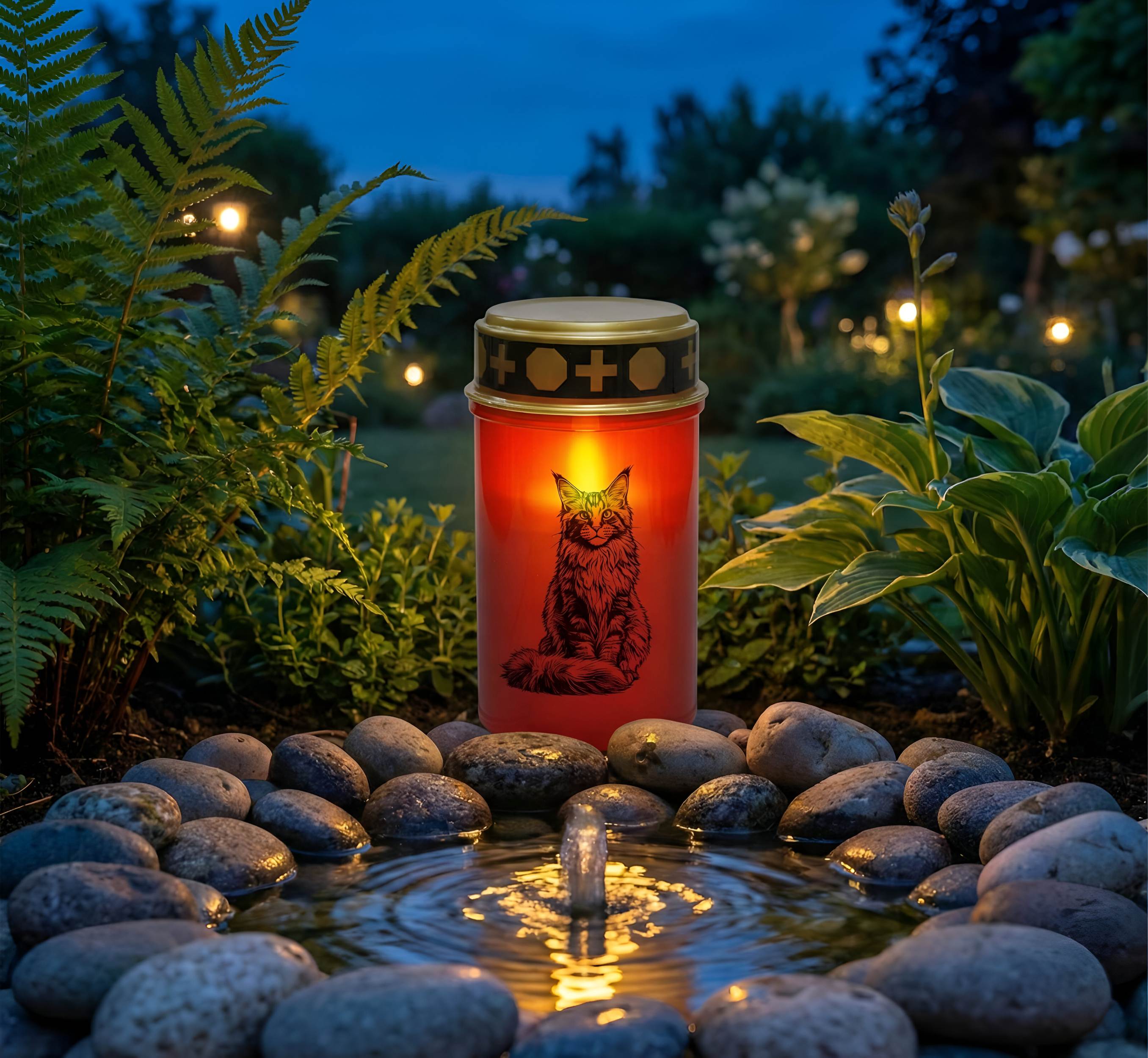 LED Grablicht Katze Grablicht LED Grabschmuck Katze in Rot oder Weiß mit verschiedenen Katzenmotiven und 2 Batterien für Tiergrab und Gedenkplatz