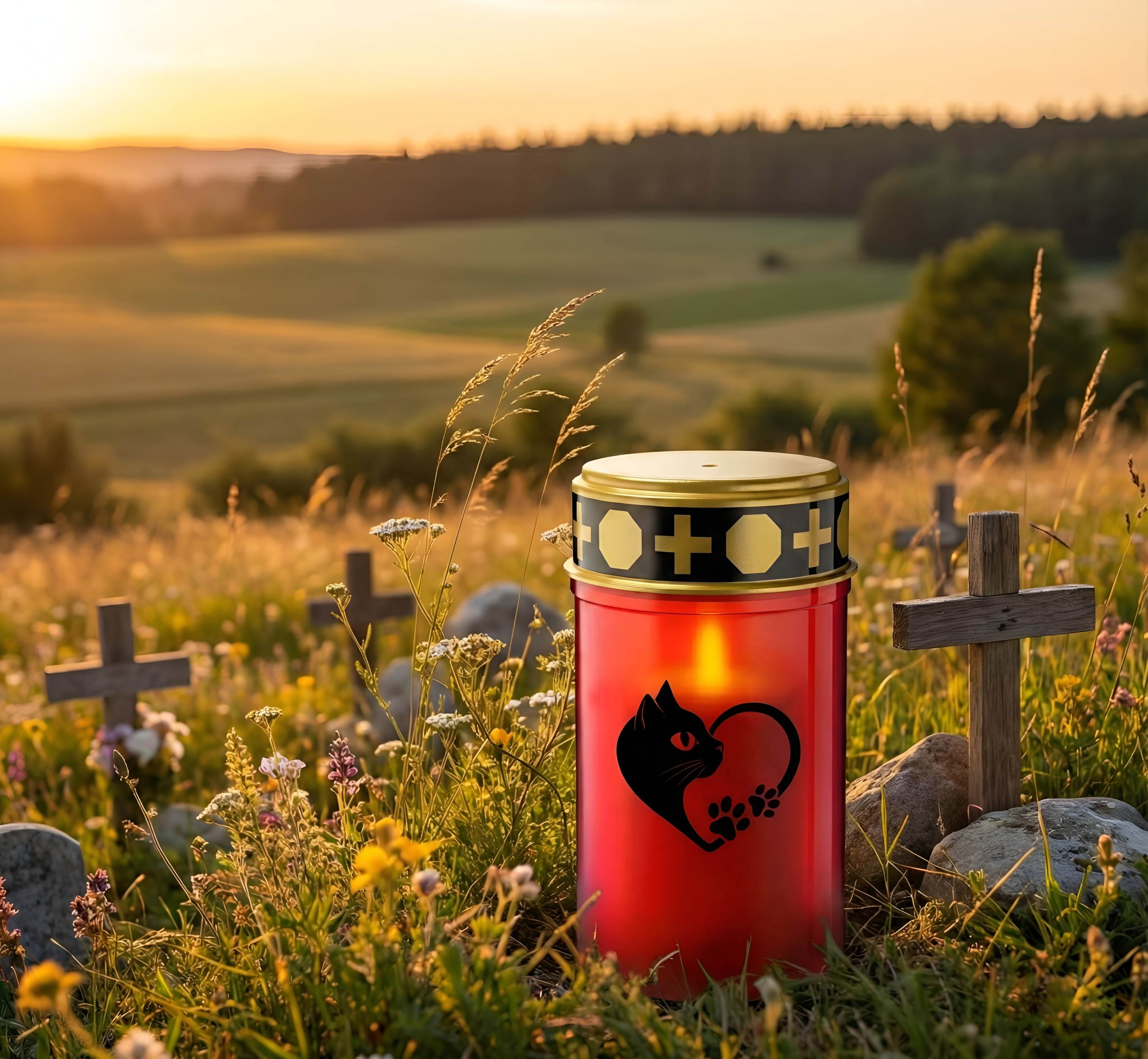 LED Grablicht Katze Grablicht LED Grabschmuck Katze in Rot oder Weiß mit verschiedenen Katzenmotiven und 2 Batterien für Tiergrab und Gedenkplatz