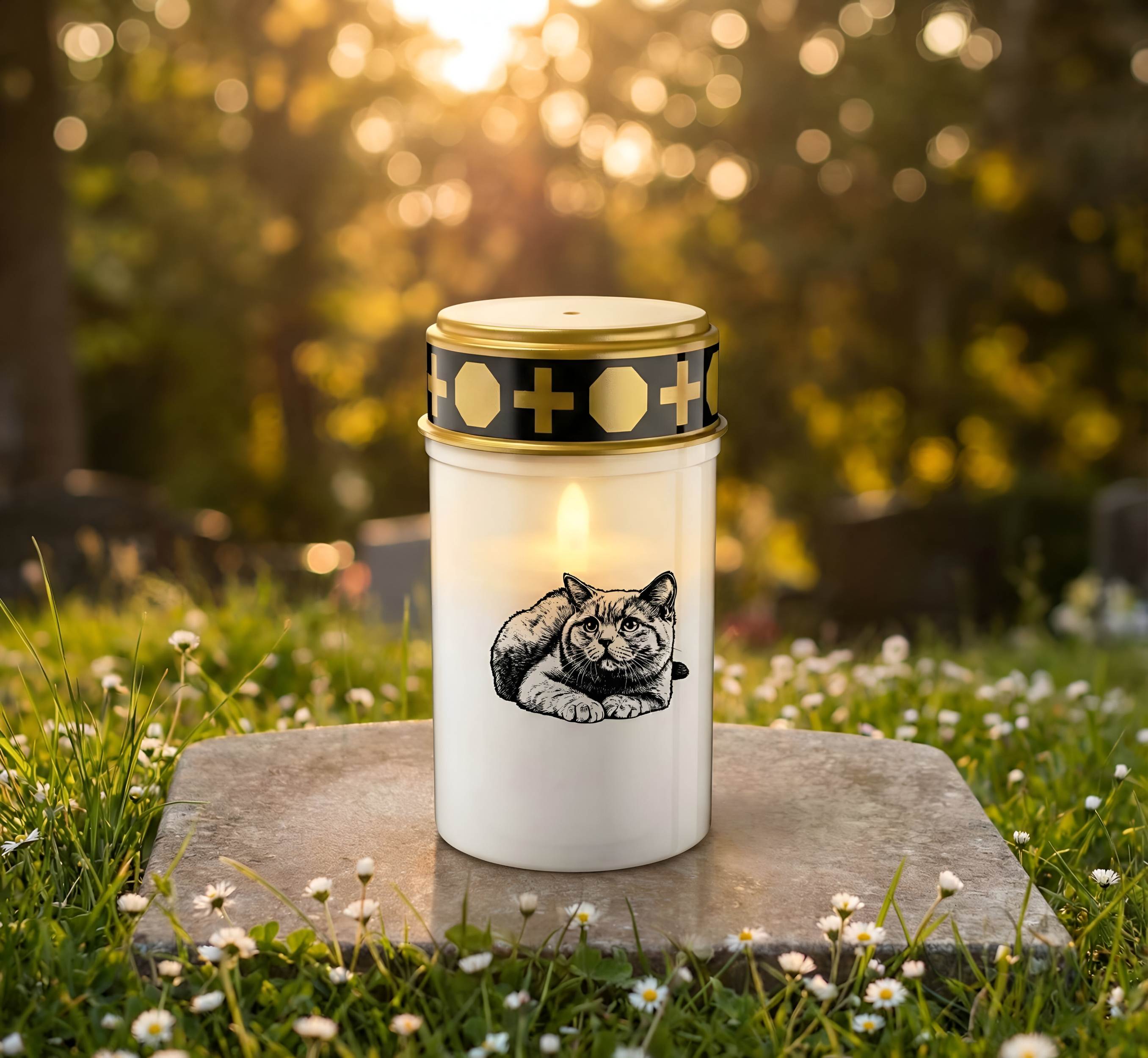 LED Grablicht Katze Grablicht LED Grabschmuck Katze in Rot oder Weiß mit verschiedenen Katzenmotiven und 2 Batterien für Tiergrab und Gedenkplatz