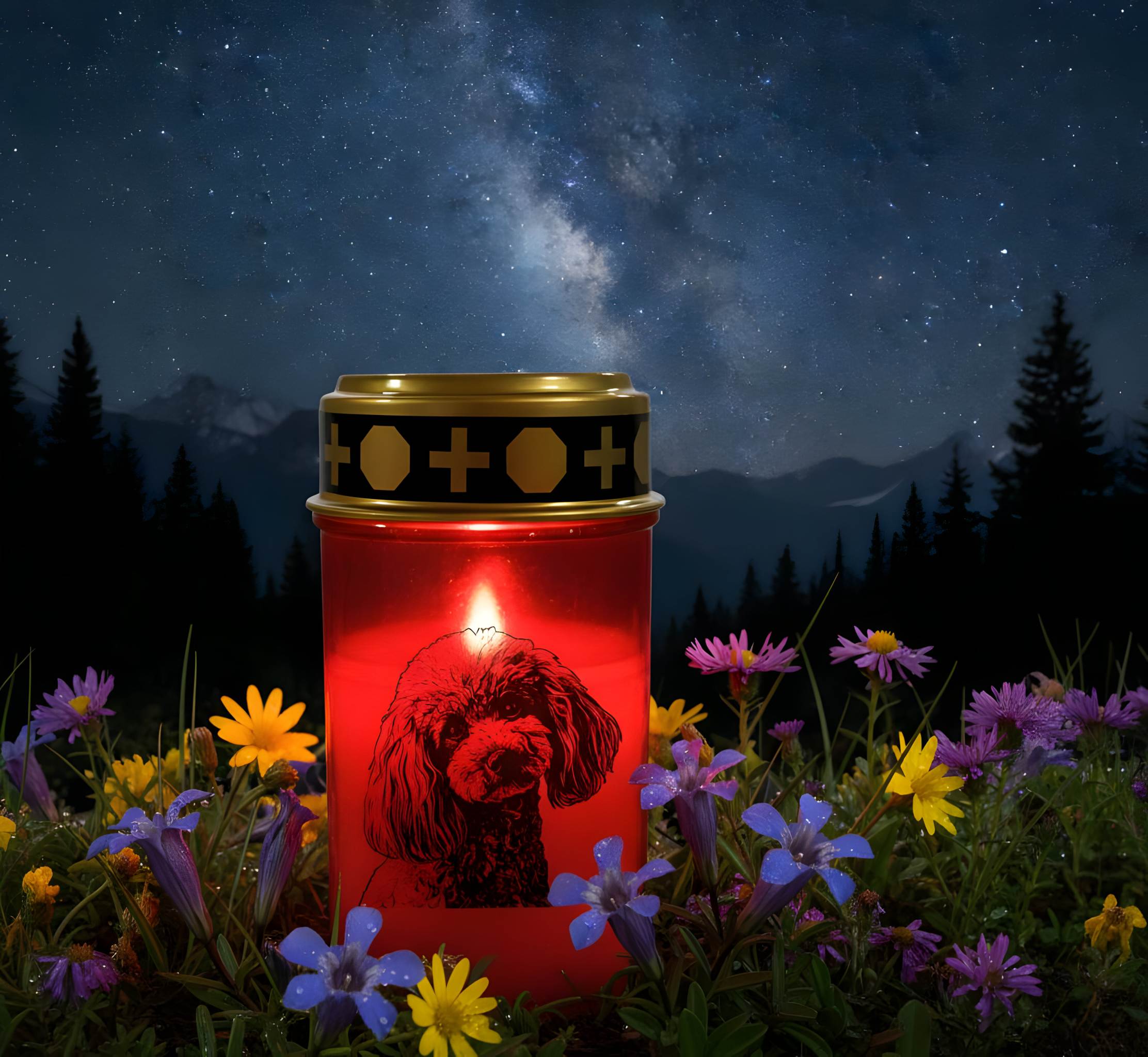 LED Grablicht Hund Grablicht LED mit 2 LR14 Batterien Grabschmuck Hund in Rot oder Weiß, verschiedene Motive zur Auswahl