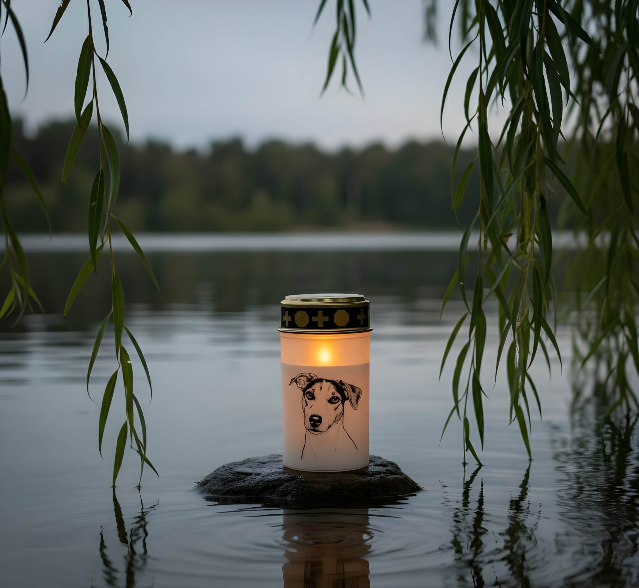 LED Grablicht Hund Grablicht LED mit 2 LR14 Batterien Grabschmuck Hund in Rot oder Weiß, verschiedene Motive zur Auswahl