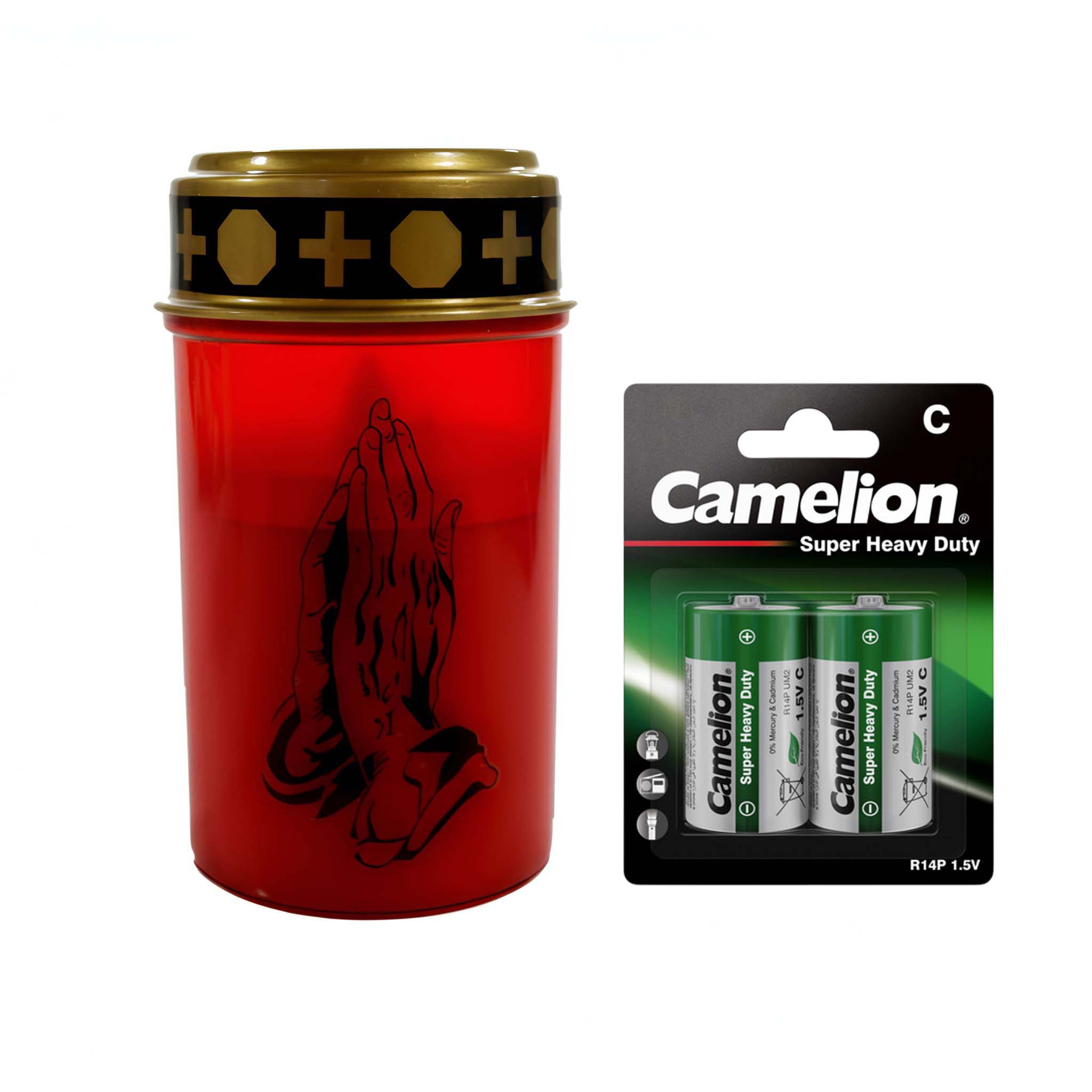 LED Grablicht mit 2× LR14 Batterien – Grabkerze LED, Grableuchte Ewiges Licht in Rot oder Weiß, verschiedene Motive zur Auswahl