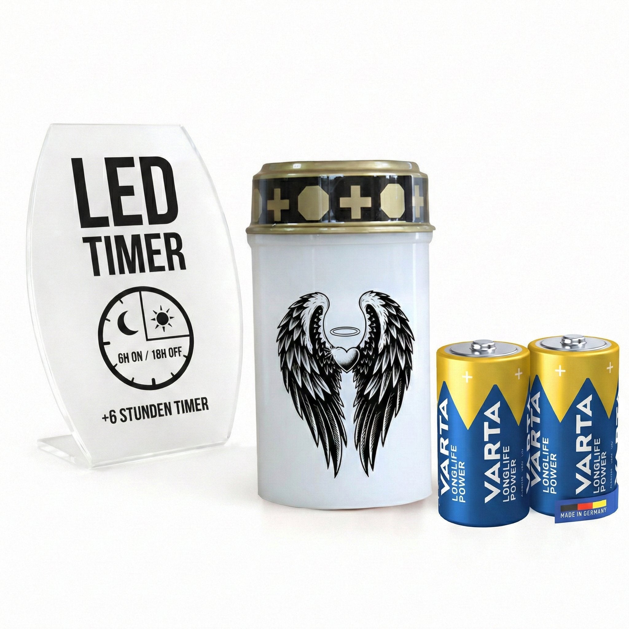 LED Grablicht mit Timer & Motivwahl - Grabkerze LED inklusive 2× Varta Longlife Batterie C für lange Laufzeit