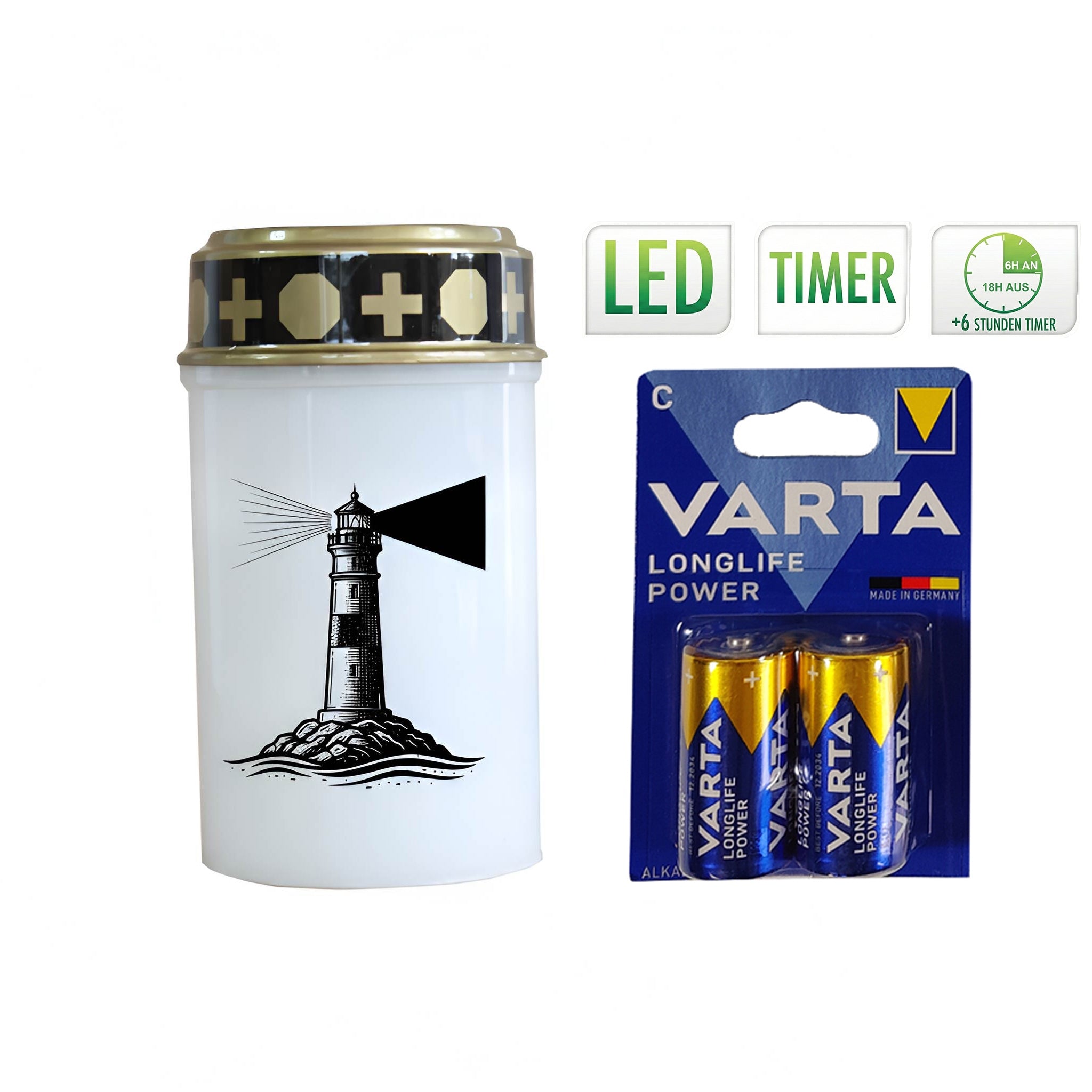 LED Grablicht mit Timer & Motivwahl - Grabkerze LED inklusive 2× Varta Longlife Batterie C für lange Laufzeit