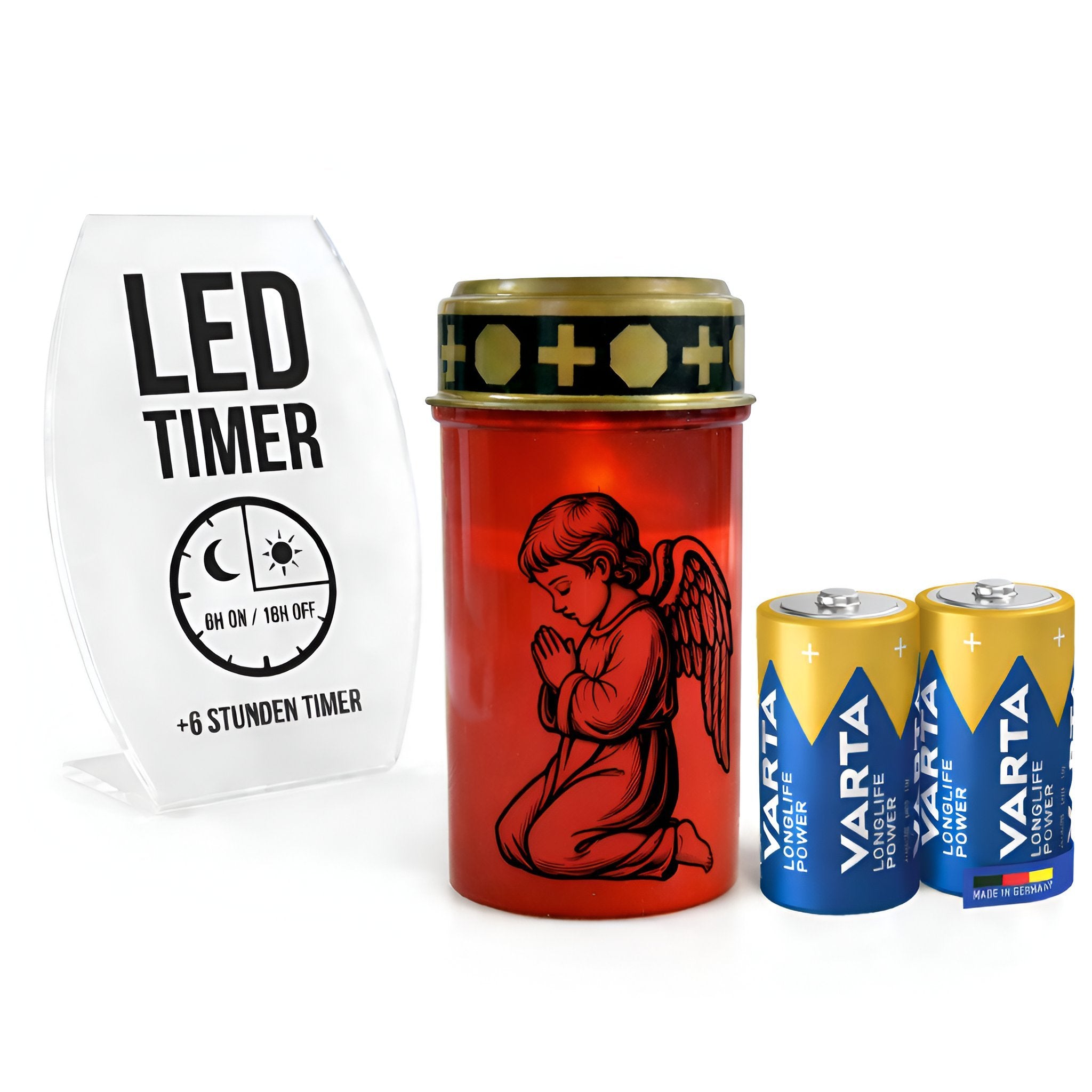 LED Grablicht mit Timer & Motivwahl - Grabkerze LED inklusive 2× Varta Longlife Batterie C für lange Laufzeit
