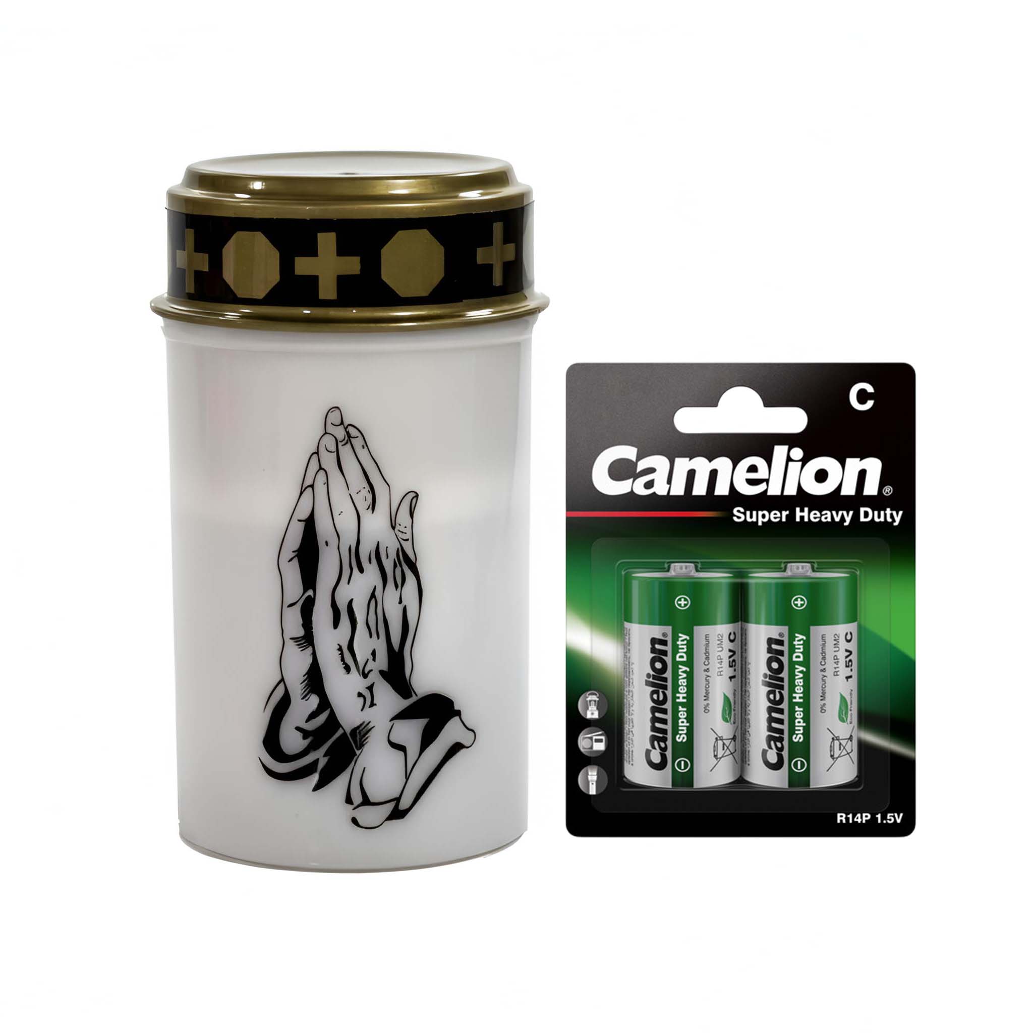 LED Grablicht mit 2× LR14 Batterien – Grabkerze LED, Grableuchte Ewiges Licht in Rot oder Weiß, verschiedene Motive zur Auswahl