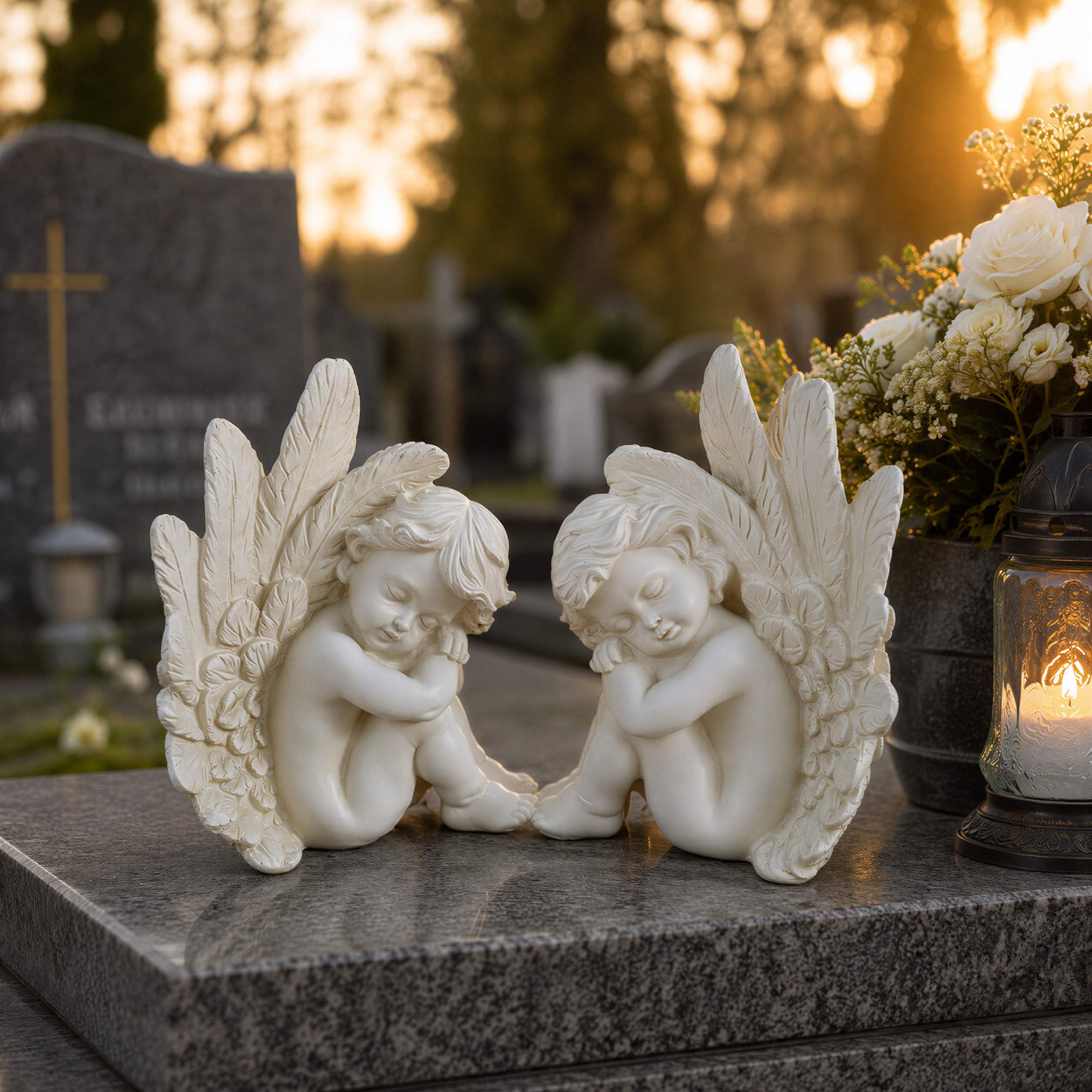 Engel Figur 2er Set Grabengel weiß sitzend Grabschmuck Grabdeko für Friedhof Garten und Zuhause wetterfest