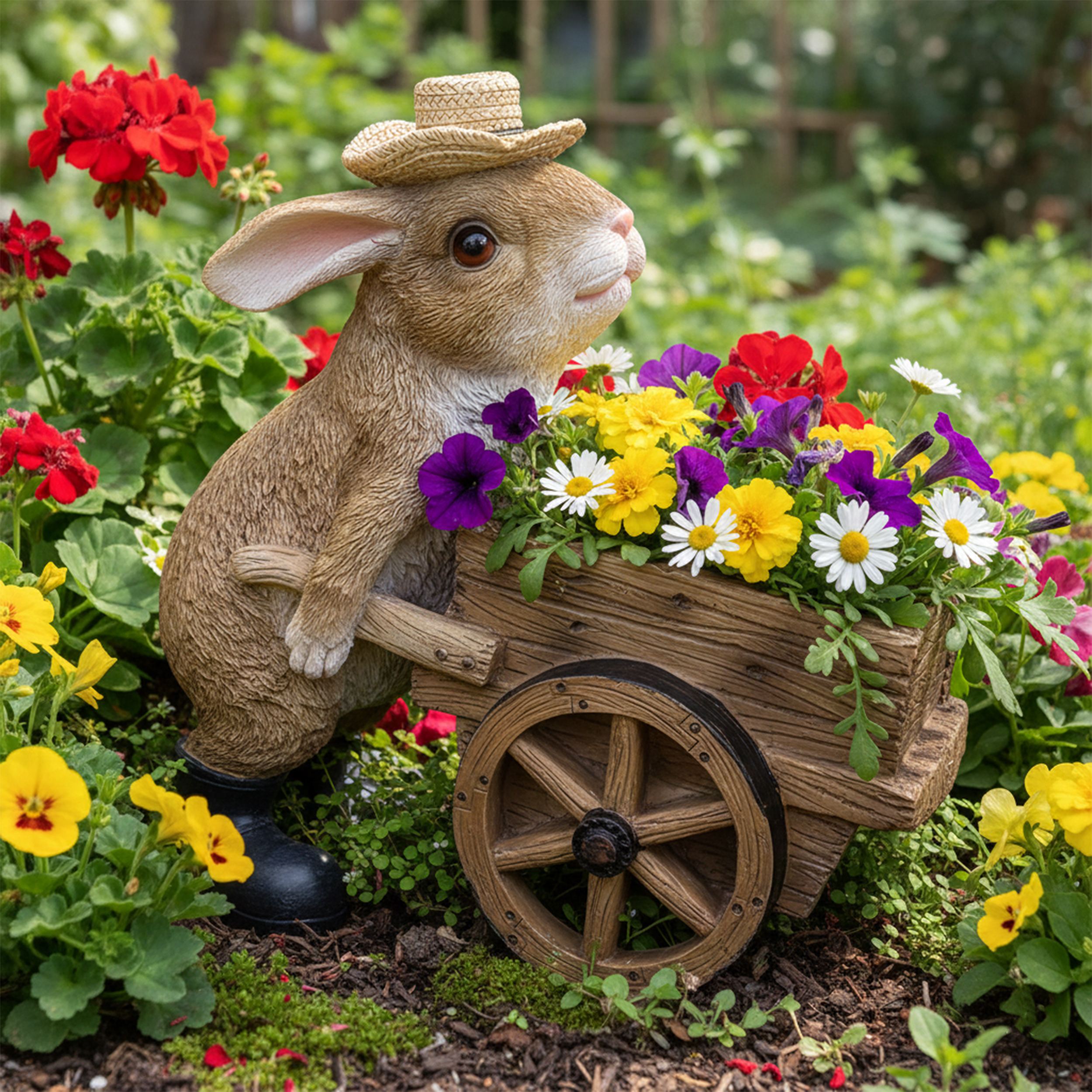 Dekofigur Hase mit Schubkarre für Garten | Pflanztopf Figur
