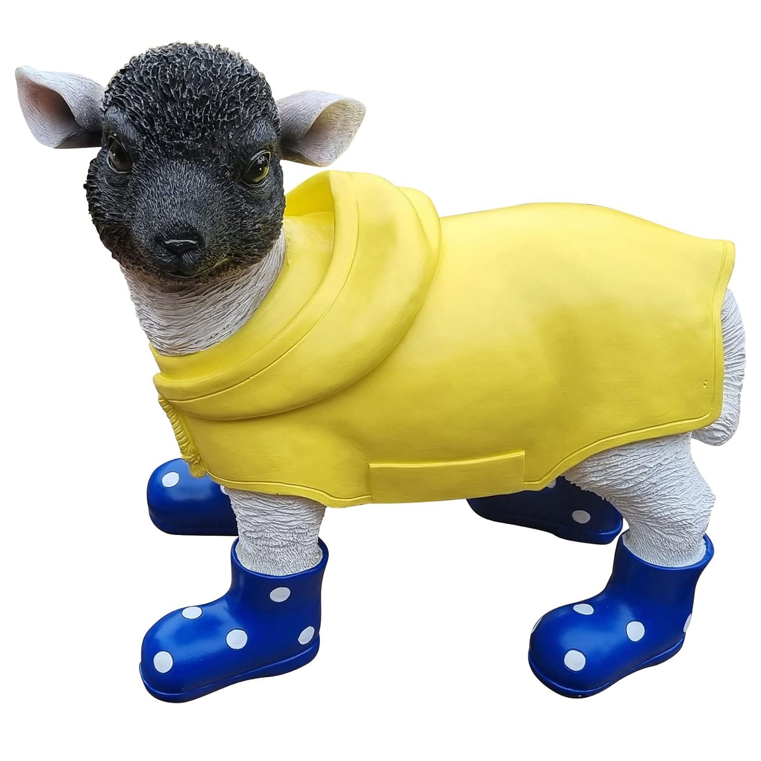 Deko Lamm mit blauen Gummistiefel und Mantel lustige Tierfigur Schaf Gartendeko