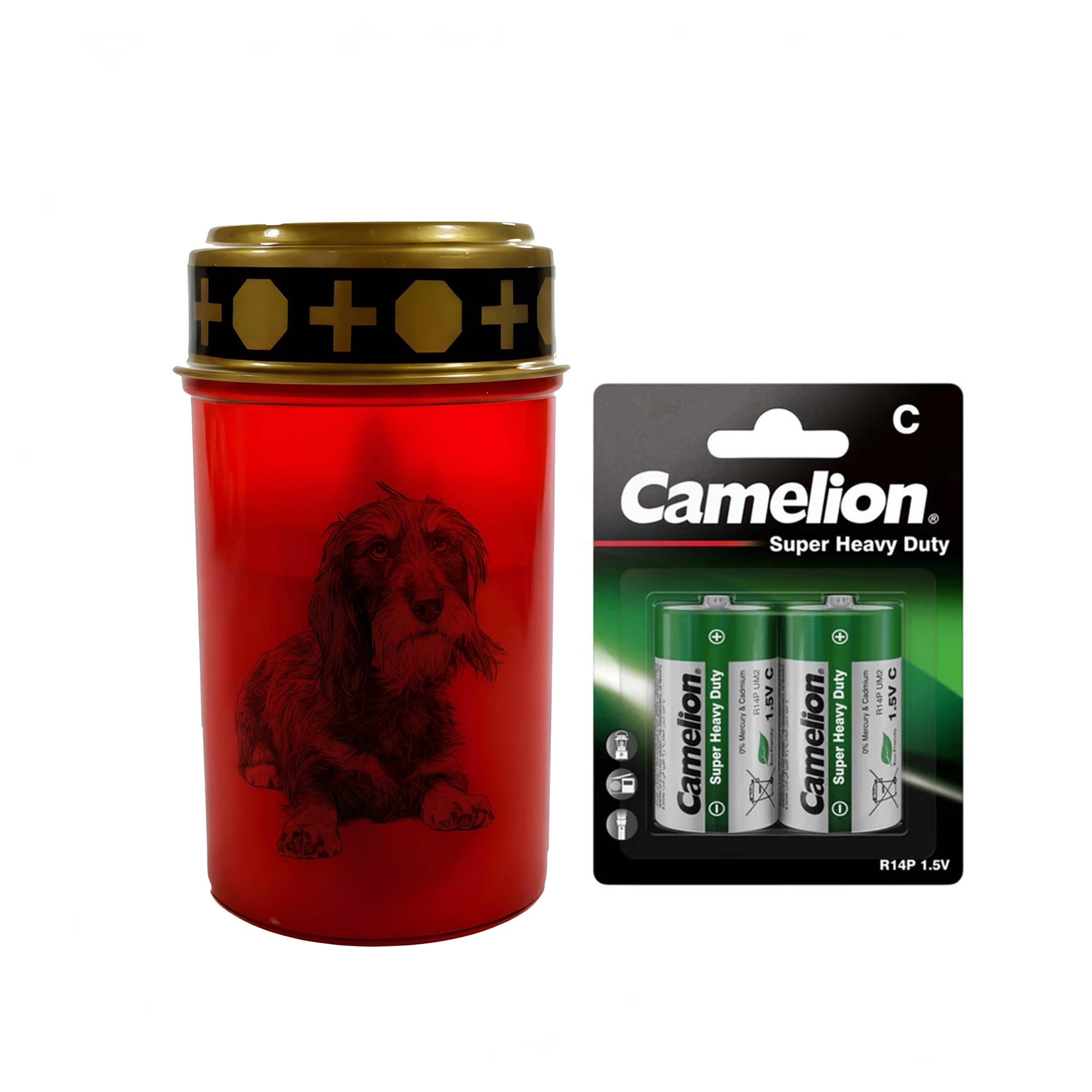 LED Grablicht Hund Grablicht LED mit 2 LR14 Batterien Grabschmuck Hund in Rot oder Weiß, verschiedene Motive zur Auswahl