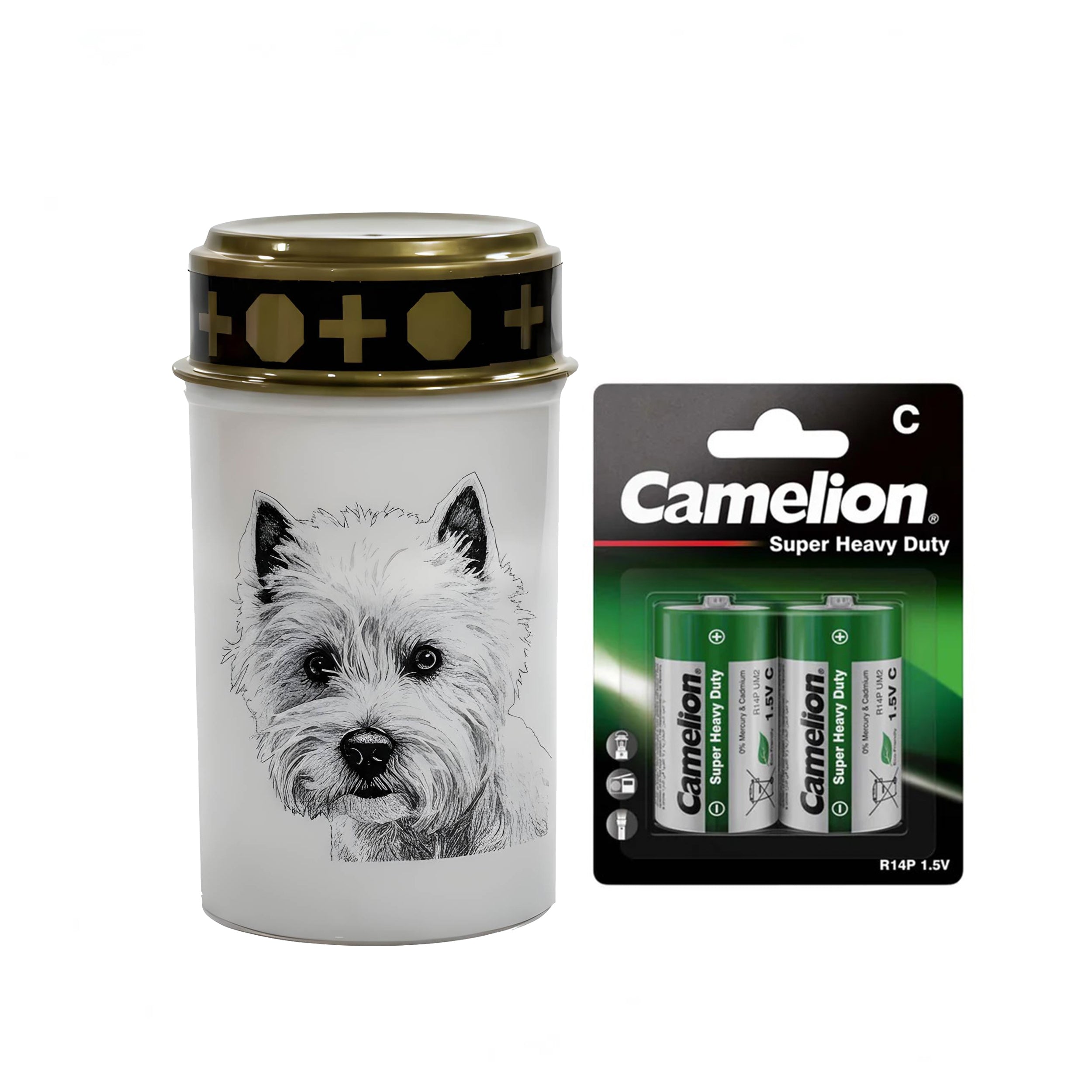 LED Grablicht Hund Grablicht LED mit 2 LR14 Batterien Grabschmuck Hund in Rot oder Weiß, verschiedene Motive zur Auswahl