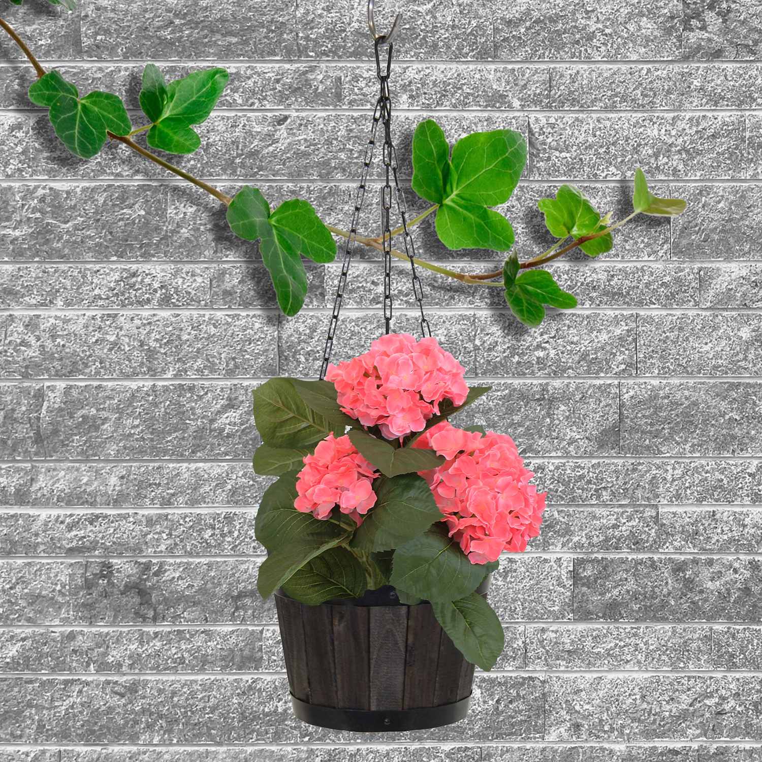 Blumenampel rund Hängeampel Blumen aus FSC-Akazienholz anthrazit | Metallkette | 27 cm Durchmesser