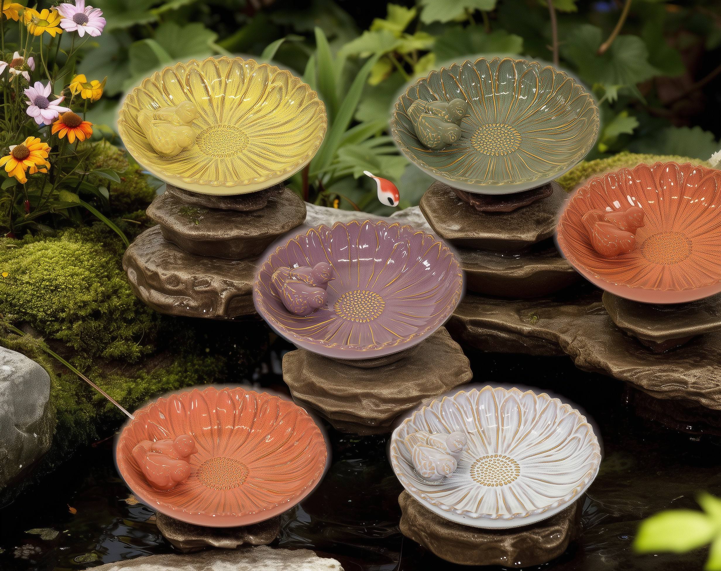 Vogeltränke winterfest | Fleur | Deko-Vogelbad mit 2 Keramikvögeln | glasierte Vogeltränke für Garten, Balkon oder Terrasse wetterfest, Ø 23 cm oder Ø 28 cm