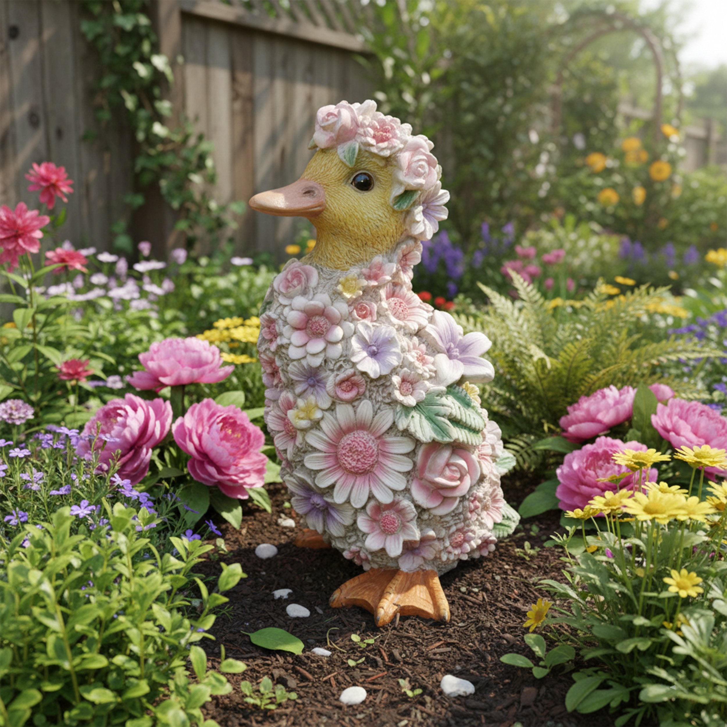 Dekofigur Ente mit Blumendekor wetterfest handbemalt für Innen und Außen