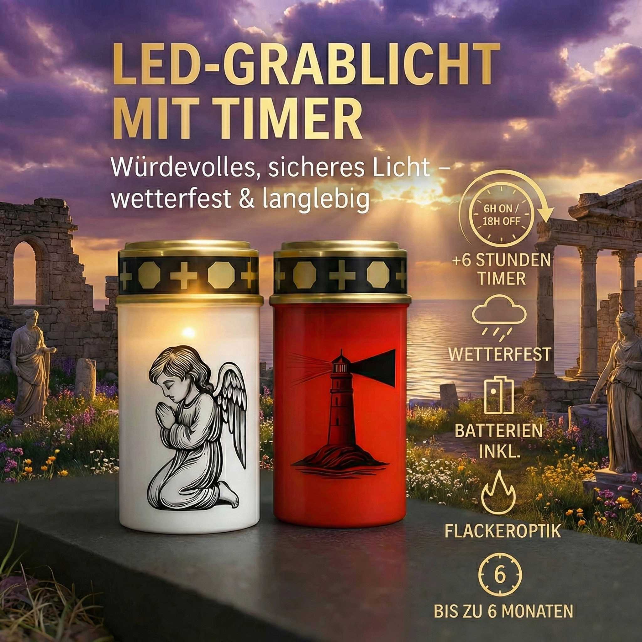 LED Grablicht mit Timer & Motivwahl - Grabkerze LED inklusive 2× Varta Longlife Batterie C für lange Laufzeit