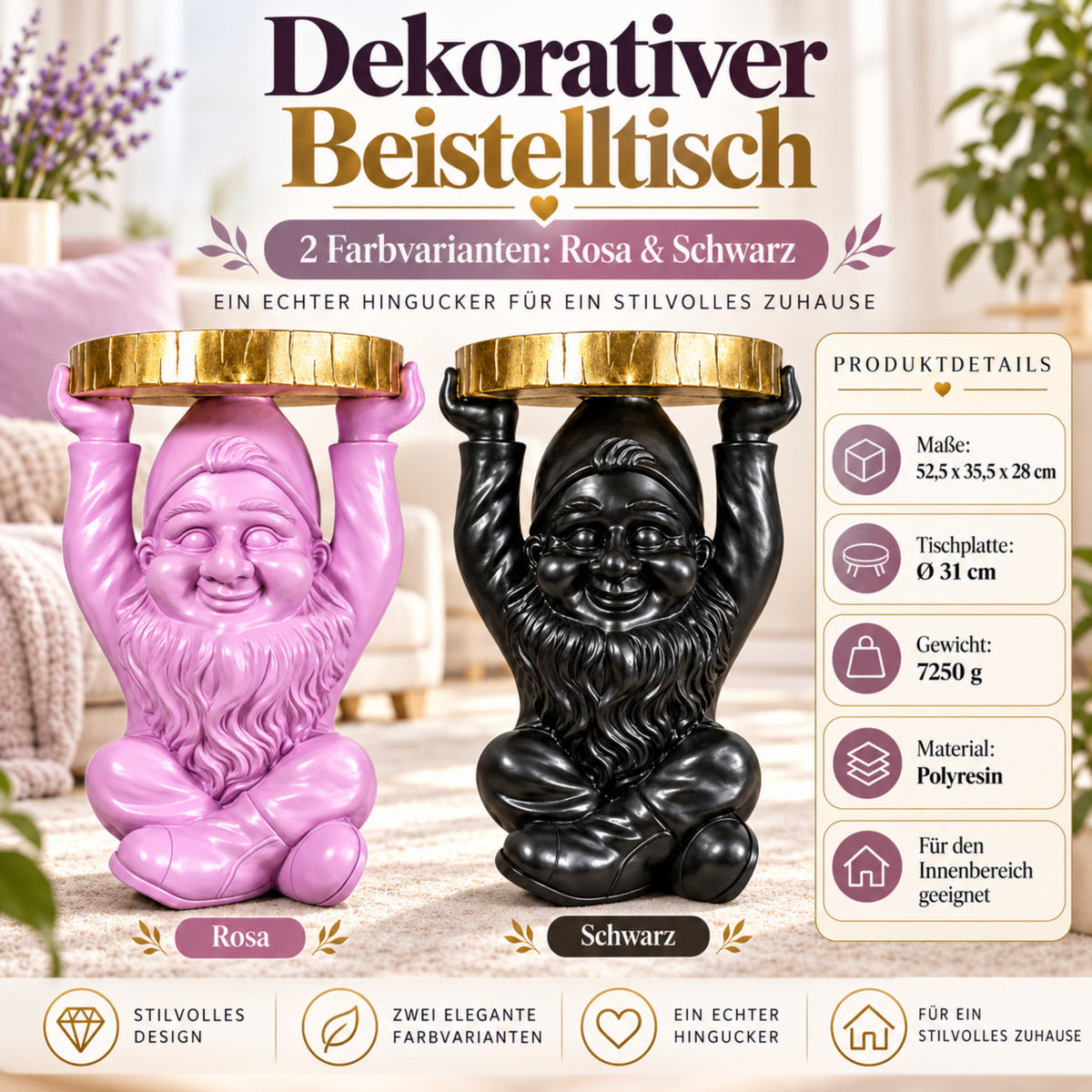 Beistelltisch Gartenzwerg mit goldfarbener Tischplatte Design Telefontisch klein für Wohnzimmer Flur und Schlafzimmer in Rosa oder Schwarz
