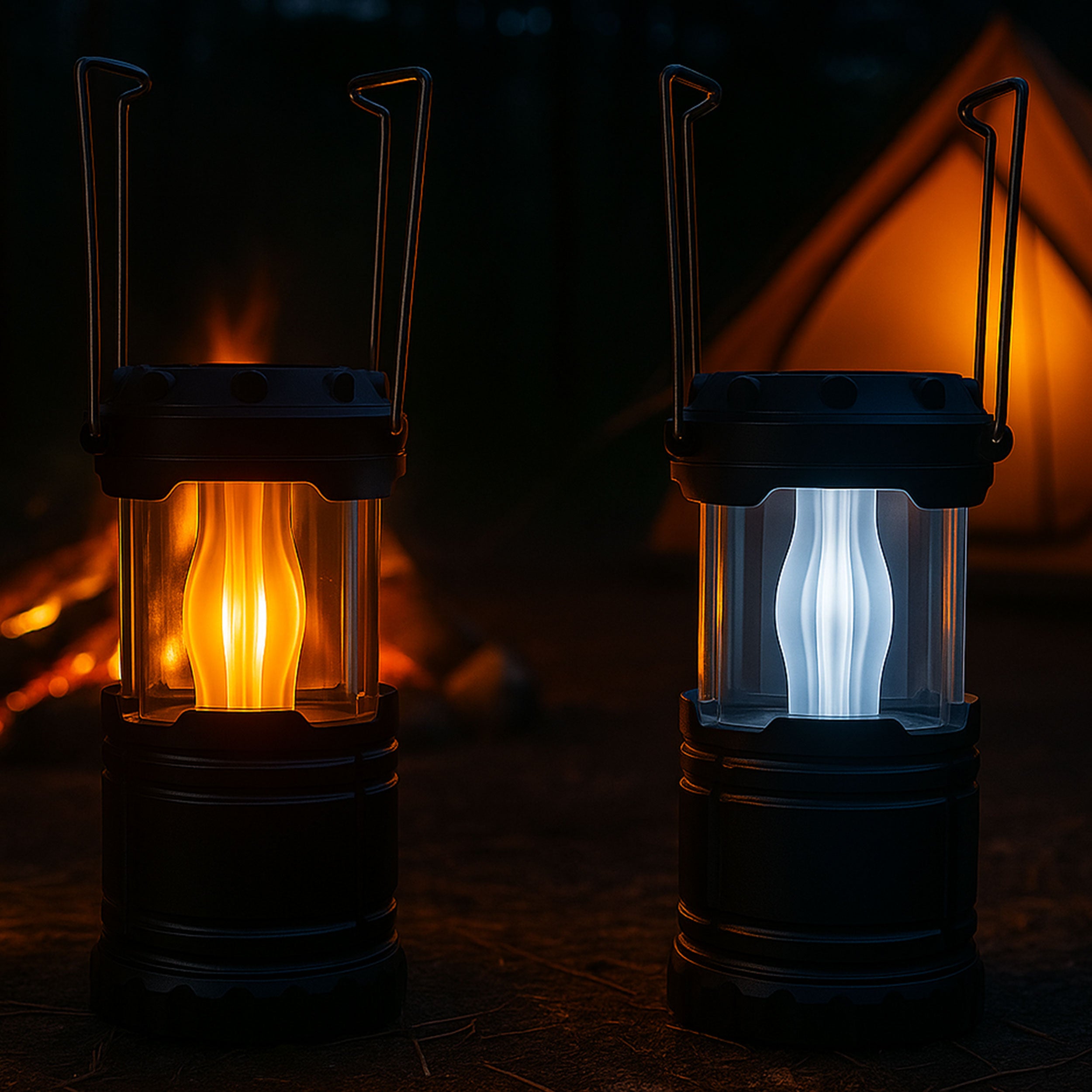 LED Camping Laterne 2 in 1 mit Flammeneffekt - Tragbare Outdoor Lampe, Kaltweißes Licht und Flackerlicht