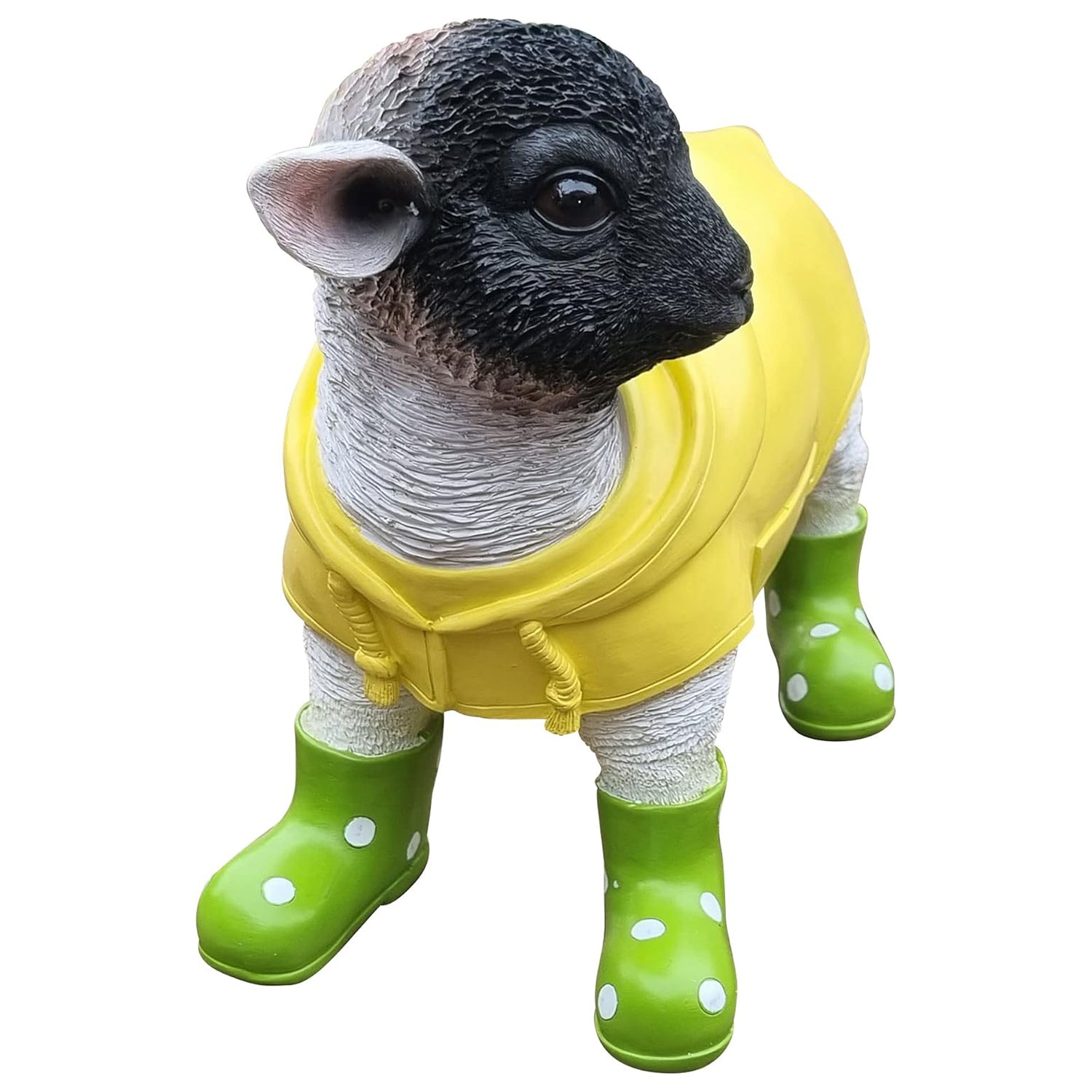 Deko Lamm mit grünen Gummistiefel und Mantel lustige Tierfigur Schaf Gartendeko